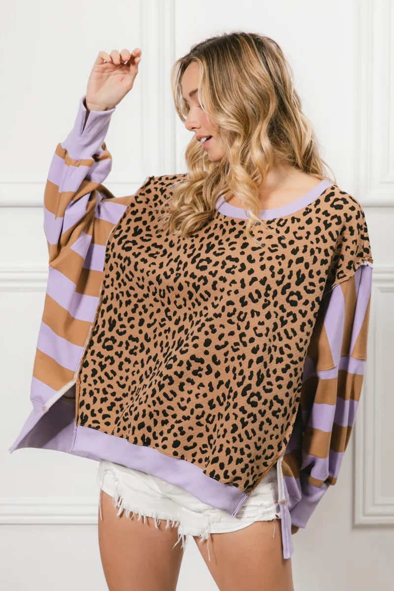 BiBi Leopard & Stripe Mixed Print Women's T-Shirt - Trendy Casual Top for Outfits, Parties & Everyday Wear