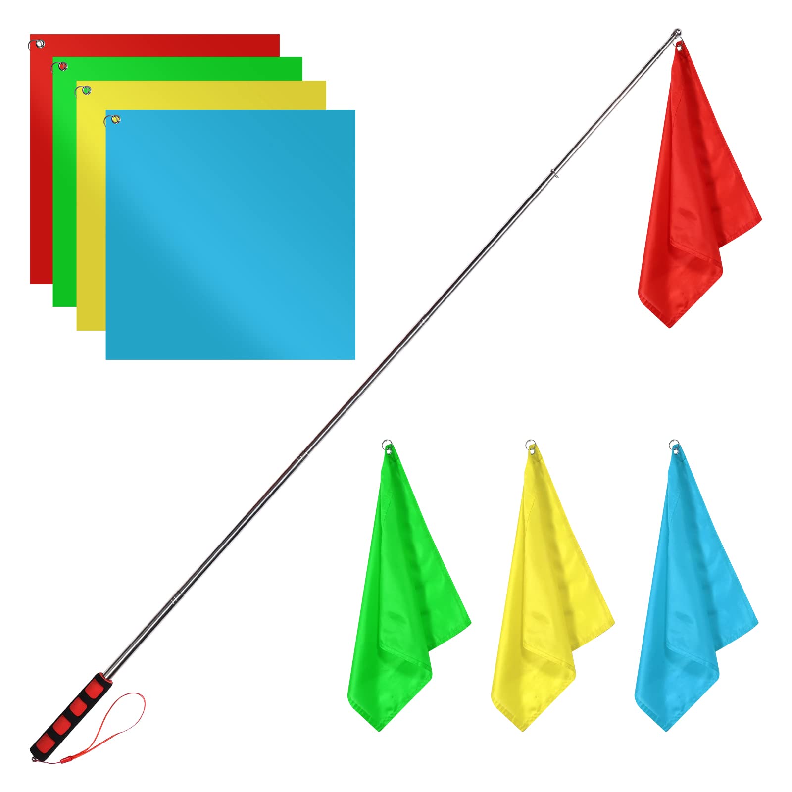 4pcs Horse Training Flag Set - 5.25ft Red Extendable Flag Poles with 17.1x17.1in Retractable Flags for Horse Desensitization (4 Colors) - Perfect for Equine Training, Ranch Work & Horseback Riding Safety