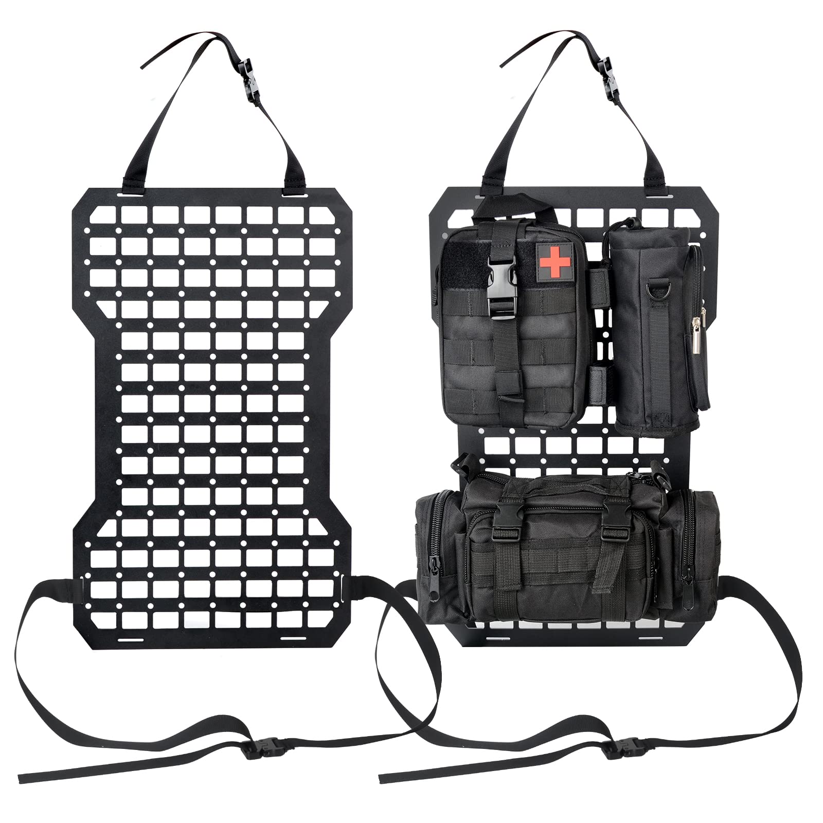 2-Pack Tactical Rigid MOLLE Aluminum Insert Panel with Multifunctional Storage Bag, First Aid Utility Pouch & Water Bottle Holder - Modular Platform with 20 Fastening Straps for Jeep, SUV, Car - Perfect for Outdoor Adventures, Emergency Preparedness & Vehicle Organization