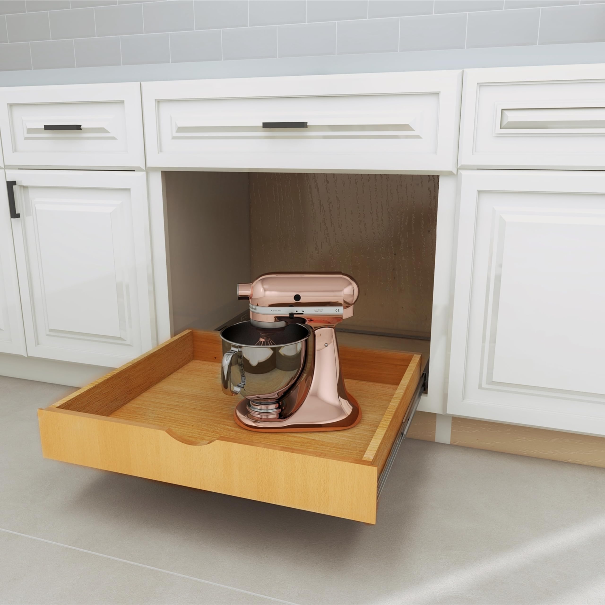 Fully Assembled Wooden Utensil Drawer Organizer - Pull-Out Under Cabinet Sliding Shelf for Kitchen, Bathroom & Vanity - Under Sink Pot Holder Drawer Organizer with Roll-Out Tray (26