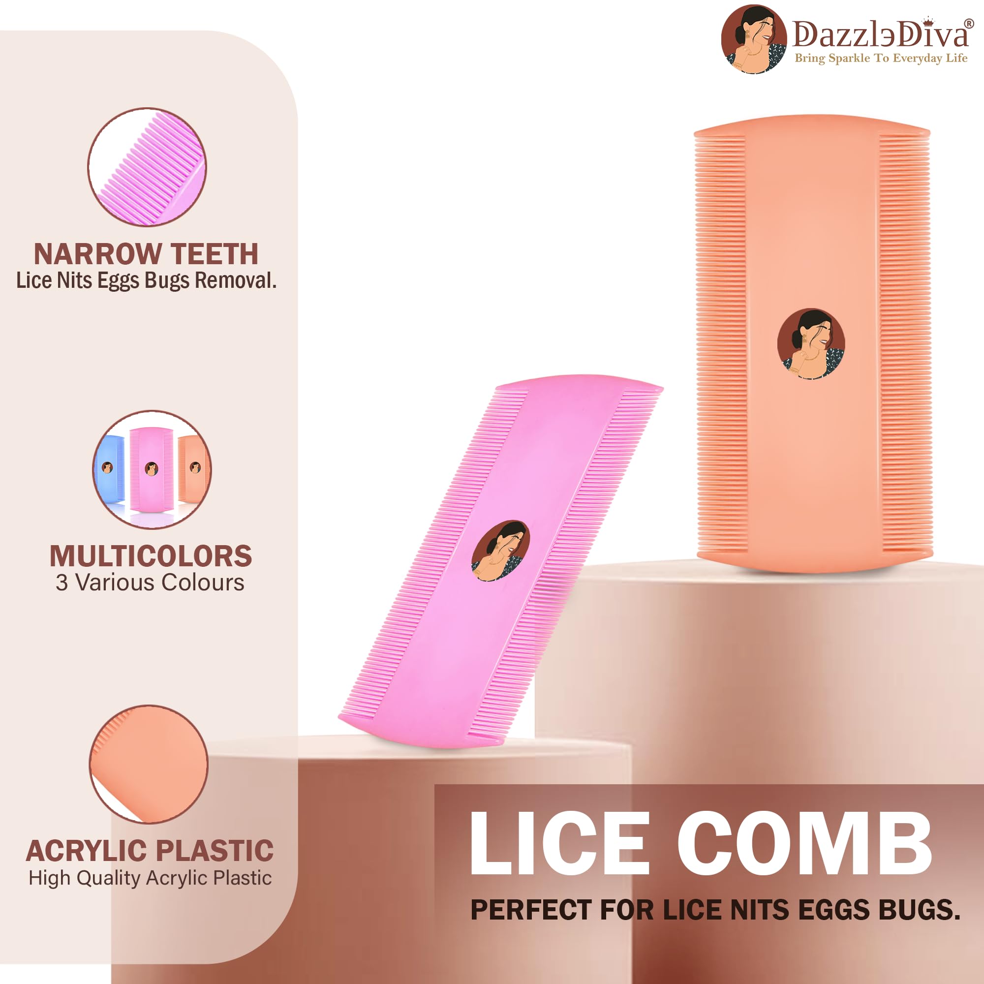 DazzleDiva Plastic Lice Comb Set - 3 Pack Fine Tooth Comb for Lice, Nits & Egg Removal - Gentle & Effective Lice Treatment Tool for Kids & Adults - Easy to Use & Clean (Multicolor) - Perfect for Home, School & Travel Use