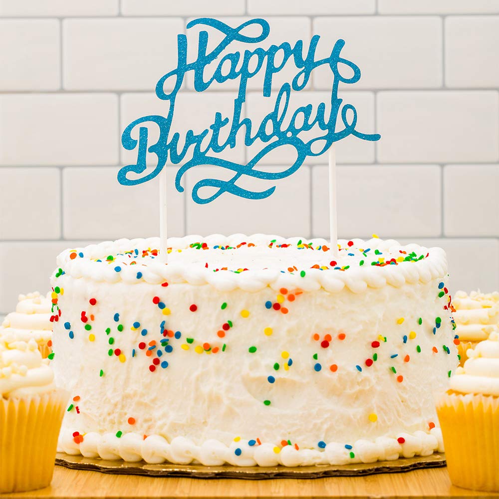 Restaurantware 6x6 Inch Happy Birthday Cake Toppers - Set of 10 Glitter Blue Paper Cake Decorations for Birthdays, Baby Showers & Weddings | Durable Cake Topper Inserts for Professional Baking & Party Decor
