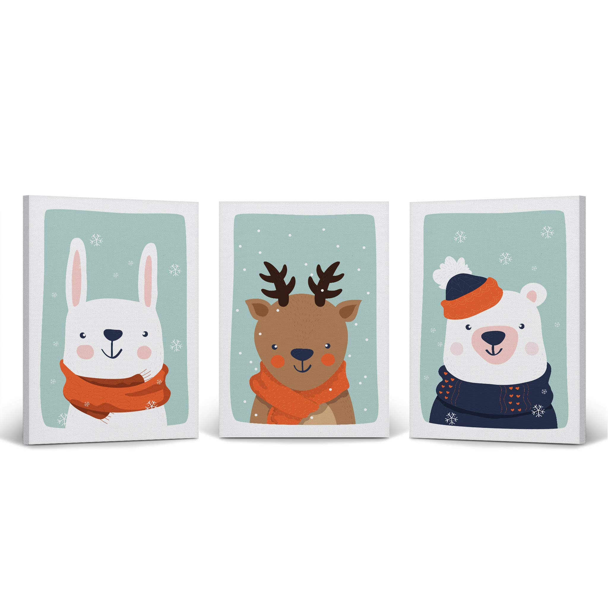 Cute Rabbit Deer Bear Winter Theme 3-Piece Canvas Wall Art Set for Kids Room Decor - Turquoise Background, Rolled Canvas Prints (40x30 inches x3) - Made in USA | Nursery, Bedroom & Playroom Wall Decor