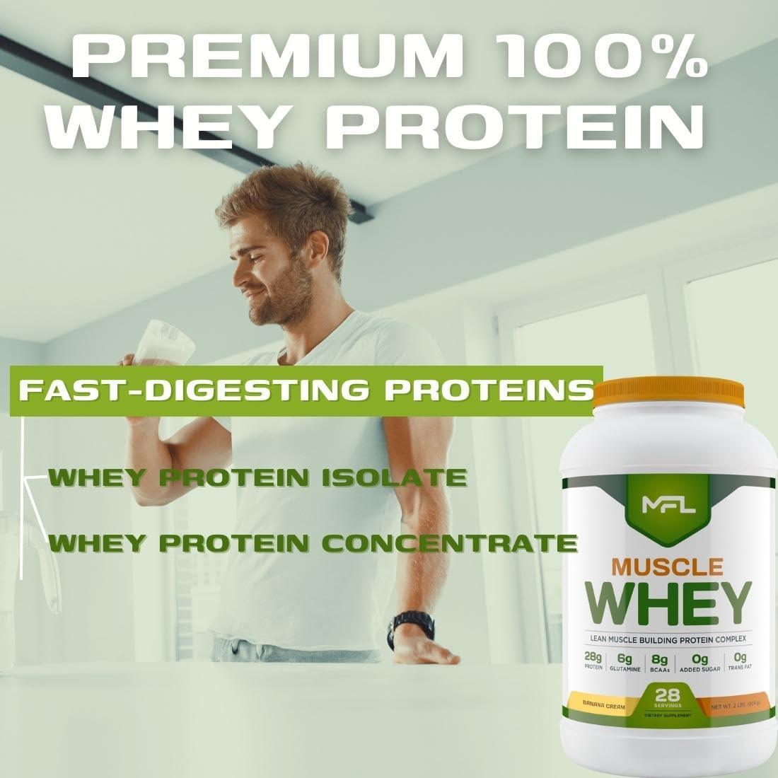MFL Muscle Whey Protein Powder - 28g Protein, 8g BCAAs, Keto & Low Carb Friendly - 2lb Vanilla Bean Flavor for Post-Workout Recovery & Muscle Building