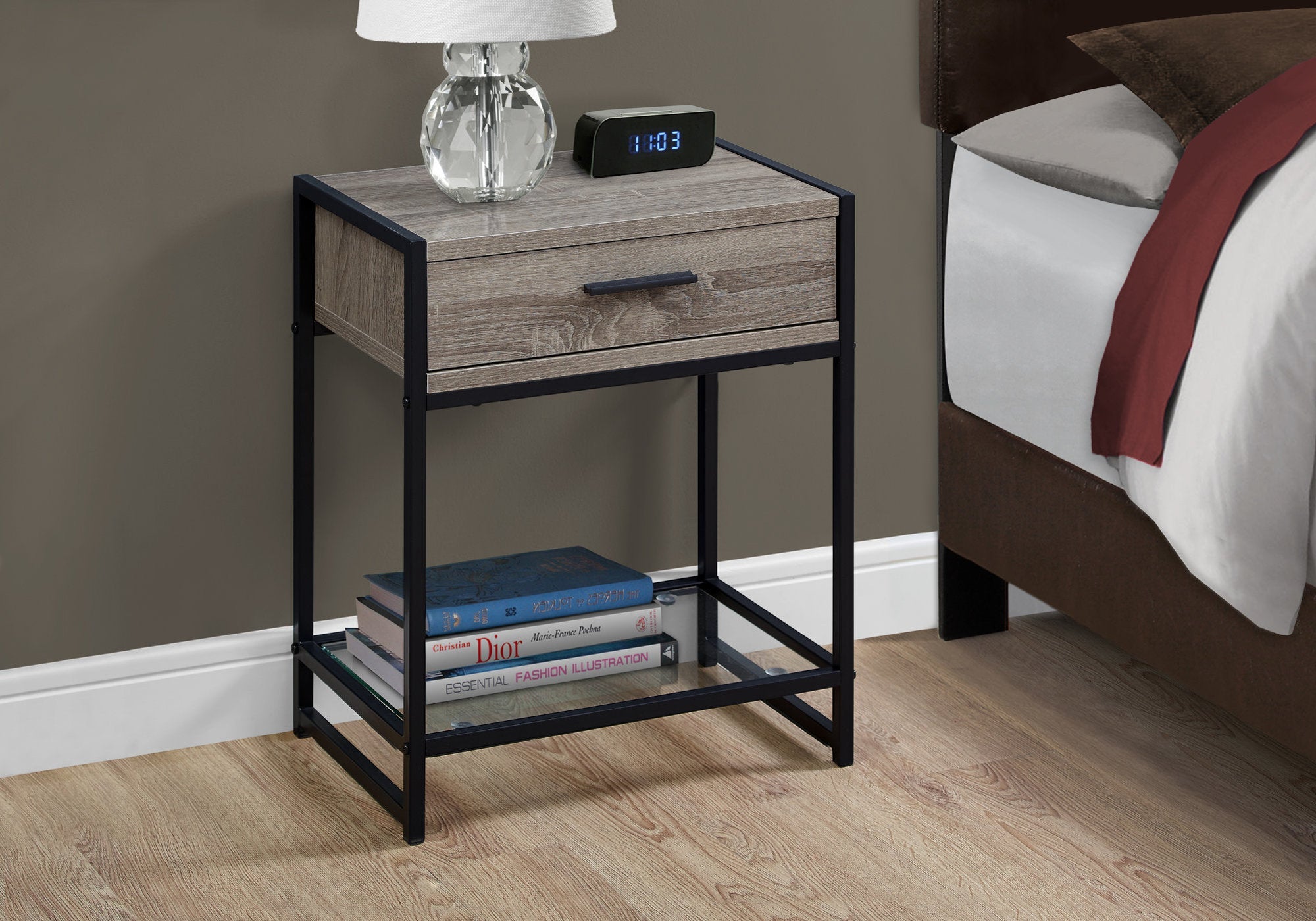 Modern Accent Table 22 Inch Height in Dark Taupe & Black with Tempered Glass Top - Perfect for Living Room, Bedroom or Office Decor