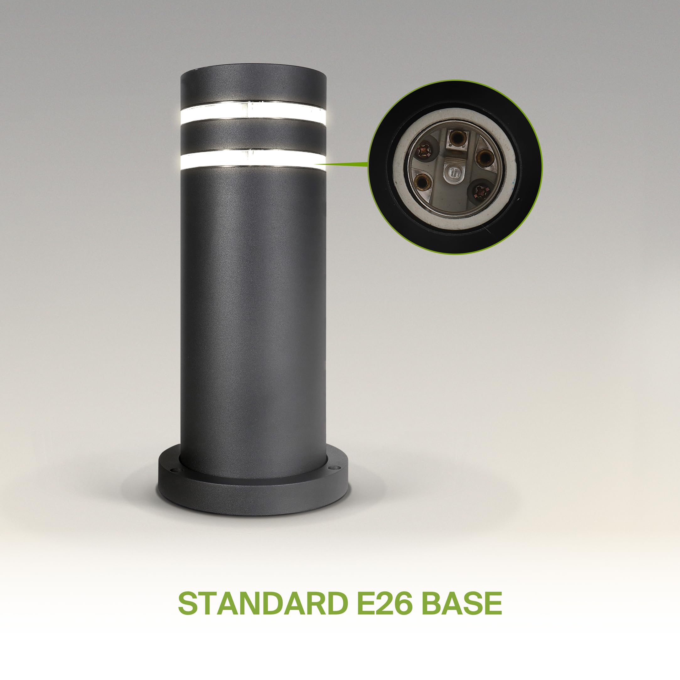12 Inch Round Bollard Light Fixture - 60W E26 Socket 120V, Dimmable & Waterproof Outdoor Lighting - Compatible with LED/CFL/Incandescent Bulbs - ETL Listed Black Landscape Post Light for Garden, Pathway, and Driveway Illumination