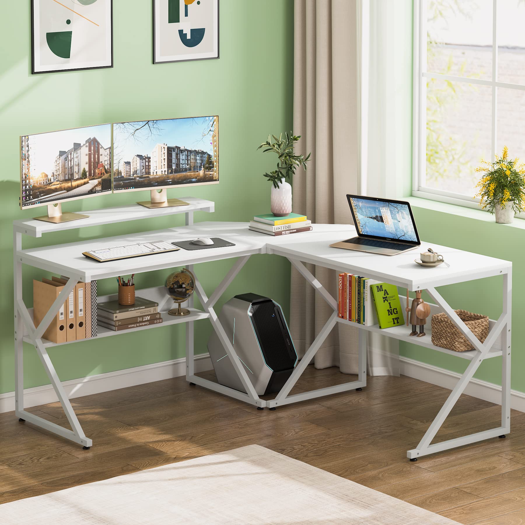 Tribesigns 63 Inch L-Shaped Computer Desk with Storage Shelves & Monitor Stand - Industrial Style Corner Desk for Home Office, Study, Writing & Gaming Workstation - White