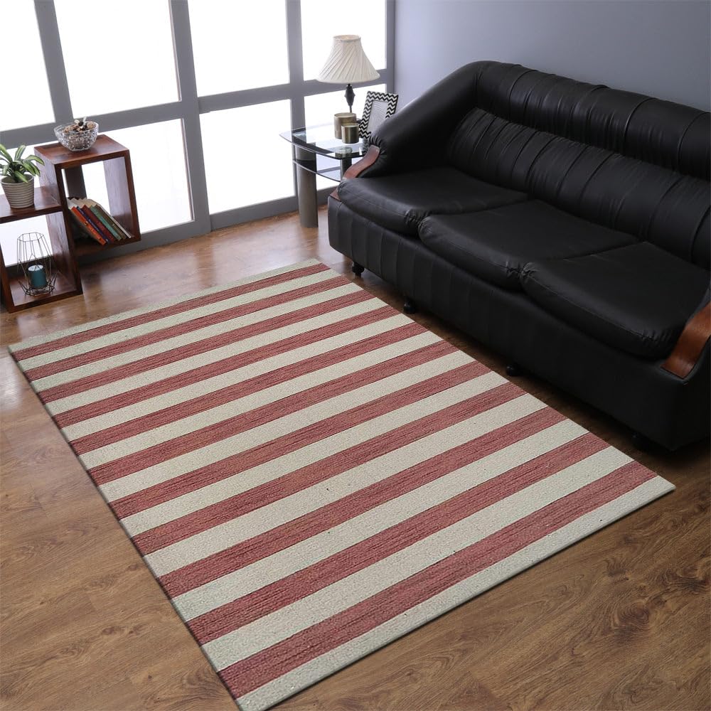 Handmade Wool Kilim Area Rug - 8'x10' Flat Weave Eco-Friendly Carpet, Cream Pink Modern Design, Low Pile Rectangle Rug for Living Room, Bedroom & Dining Room | D00107 | Rugsotic Carpets