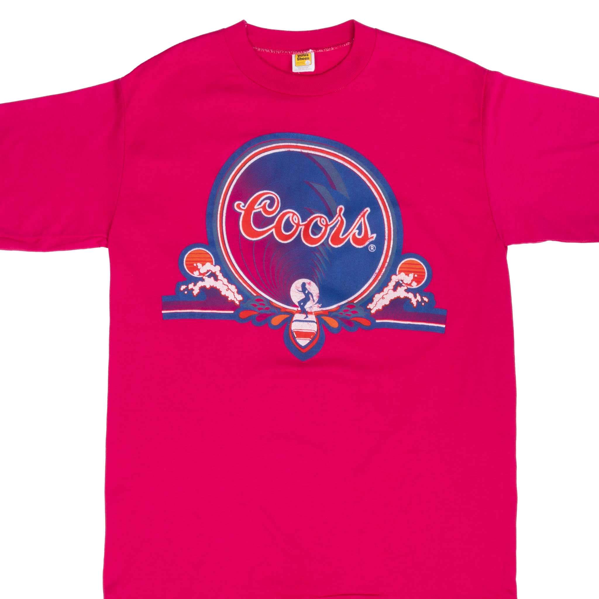 Vintage Coors Beer Surfing Pink T-Shirt 1980s Retro Graphic Tee - Medium Size, Made in USA - Perfect for Beach Parties, Surfing Events & Vintage Fashion Collectors