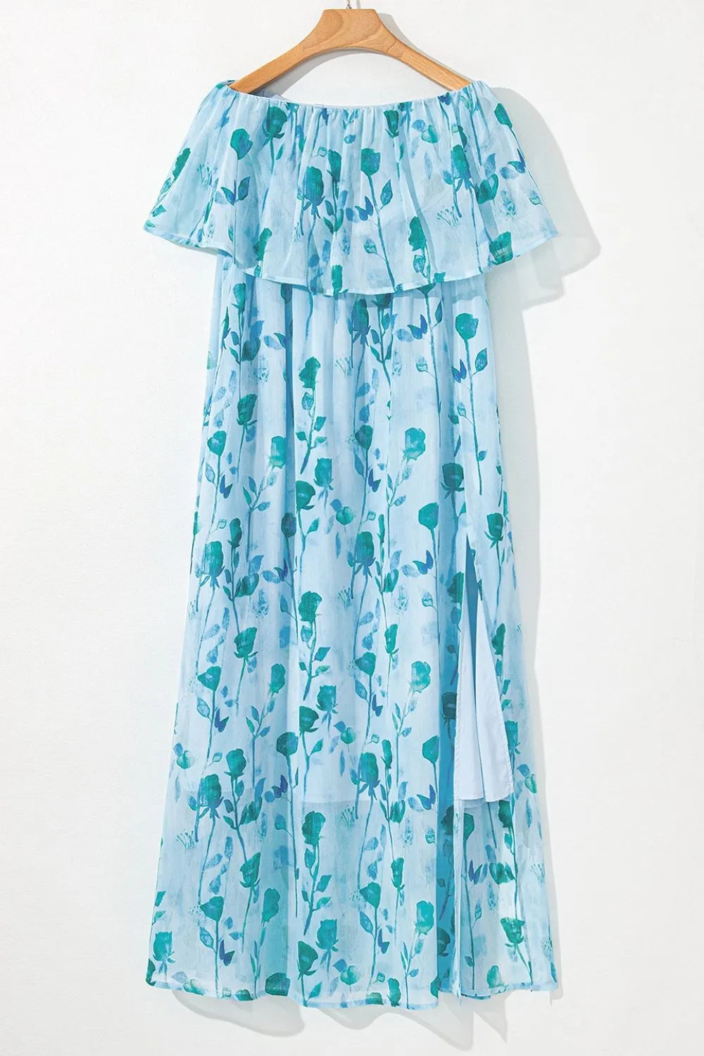 Blue Floral Print Ruffled Side Slit Tube Top Maxi Dress for Women | Summer Beach Party & Boho Chic Outfit | Perfect for Vacations, Weddings & Date Nights