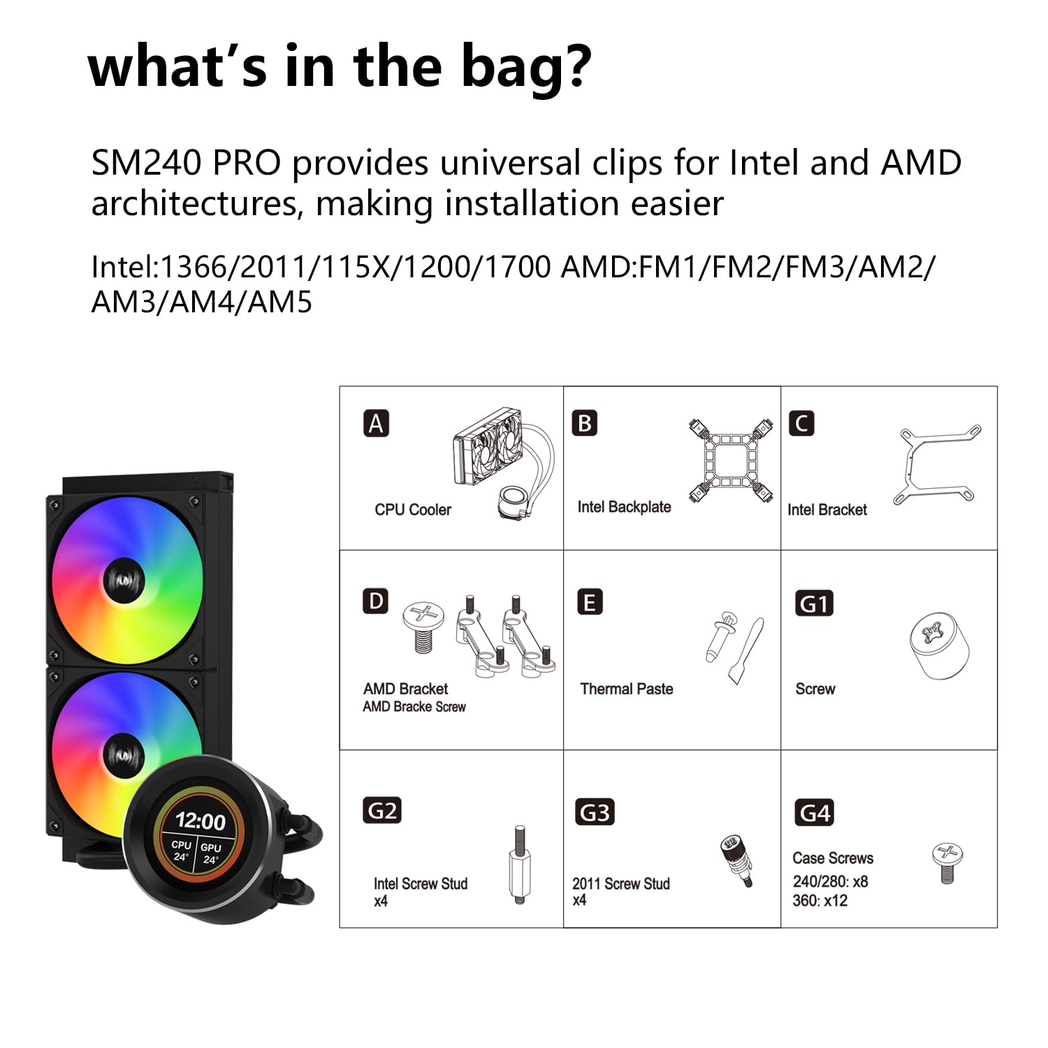 SAMA SM240 PRO Black 240mm ARGB AIO Liquid CPU Cooler with 2.8-inch LCD Temperature Display & PWM Silent Fans - High Performance Cooling for Gaming PC, Workstation, and Overclocking