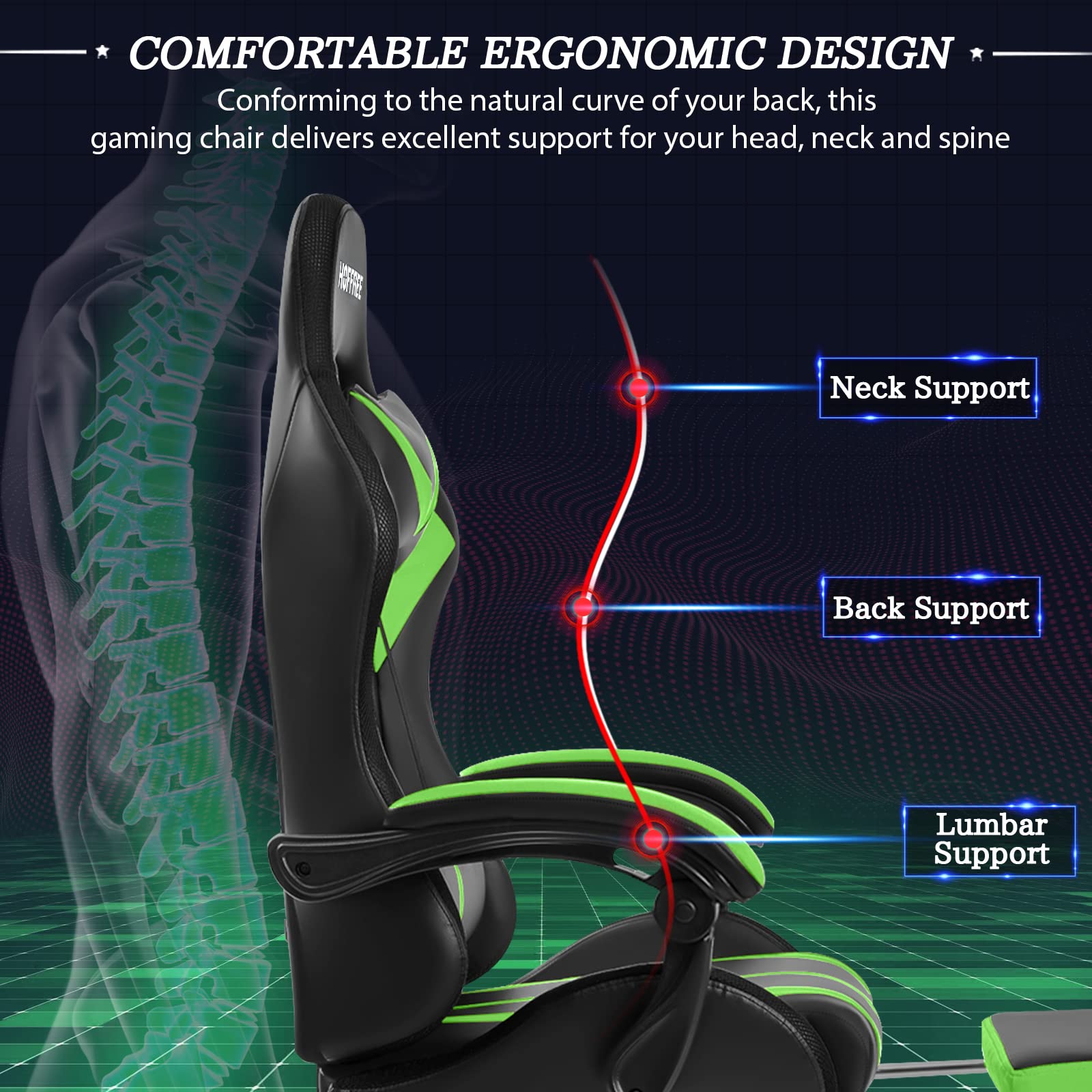 Ergonomic Gaming Chair with Massage, RGB LED Lights & Adjustable Footrest - High Back Computer Chair with Lumbar Support & Linkage Armrest (Green/Black) - Perfect for Esports, Streaming & Home Office Setup