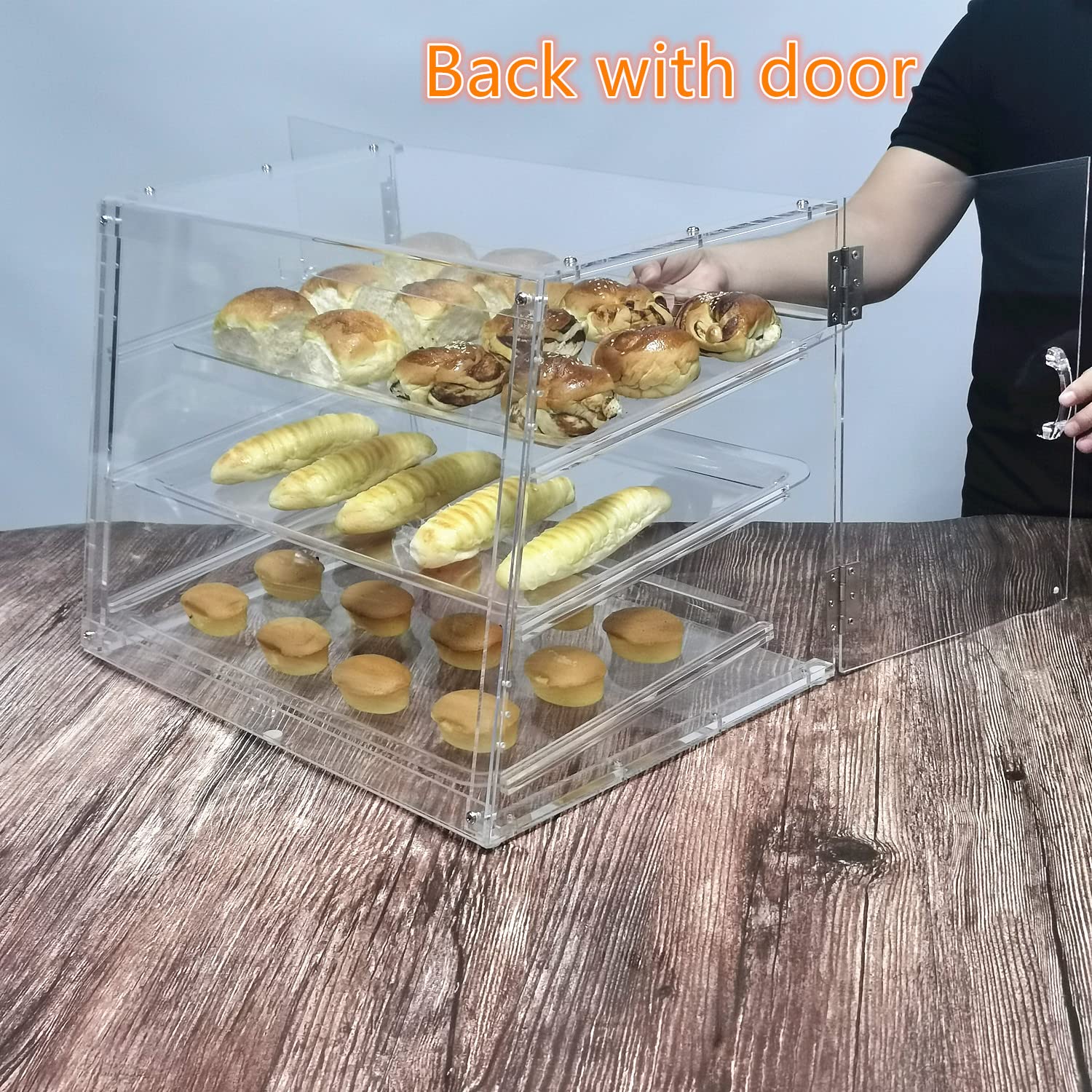 Clear Acrylic Pastry Display Case with 3 Trays - Countertop Bakery Bread & Dessert Showcase Cabinet for Cookies, Donuts, Cakes - Perfect for Bakeries, Cafes, and Retail Stores (Includes Back Door)