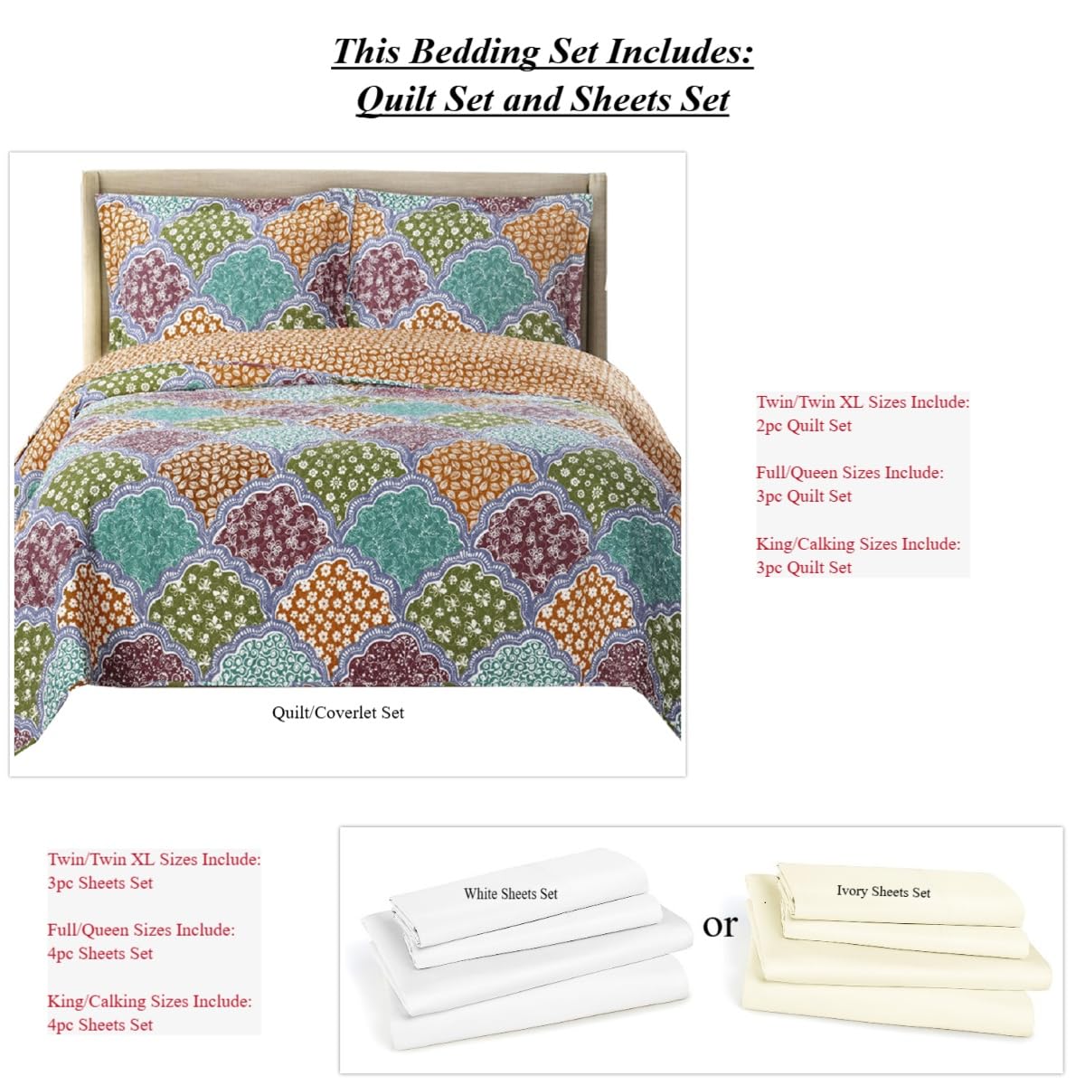 7-Piece Full Size Dahlia Printed Quilted Bedspread Set - Wrinkle-Free Microfiber Bedding Includes 3-Piece Coverlet Set & 4-Piece Sheet Set - Perfect for Guest Rooms, Master Bedrooms & Cozy Home Decor