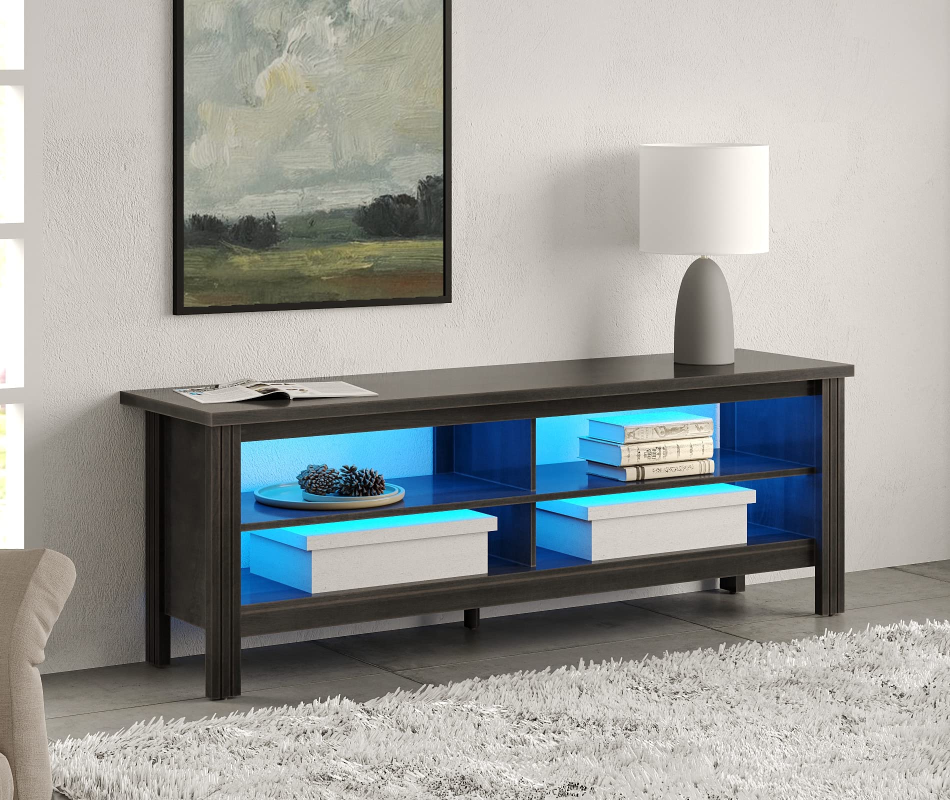 FITUEYES 65 Inch LED TV Stand with 4 Storage Cubby - Black Gaming Entertainment Center for 55-65 Inch TVs, PS5/Xbox Media Console - Perfect for Bedroom & Living Room Home Theater Setup