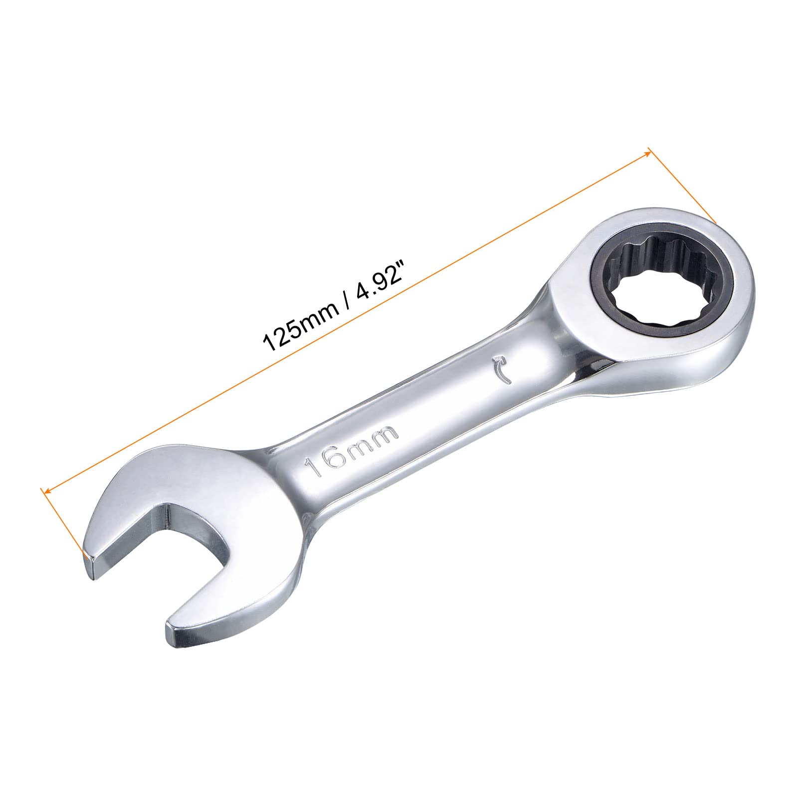 uxcell 16mm Stubby Ratcheting Combination Wrench - Metric 72-Tooth 12-Point Box End, CR-V Steel for Tight Spaces & Automotive Repair