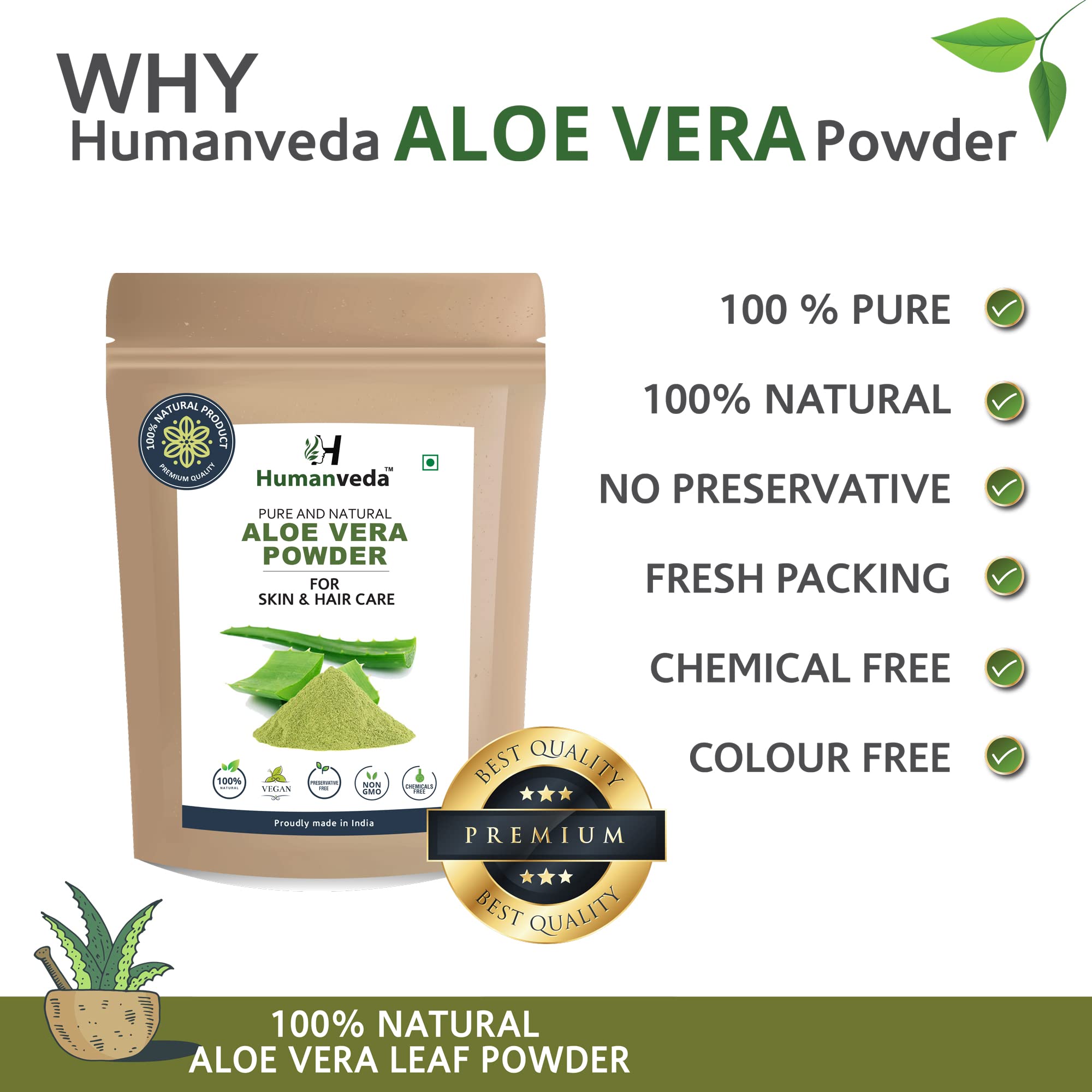 Humanveda Natural & Herbal Aloe Vera Leaf (Aloe Barbadensis) Powder - 100g for Face & Hair Care | Hydrating, Moisturizing, Soothing Skin Treatment | Perfect for DIY Skincare, Hair Masks & Sunburn Relief