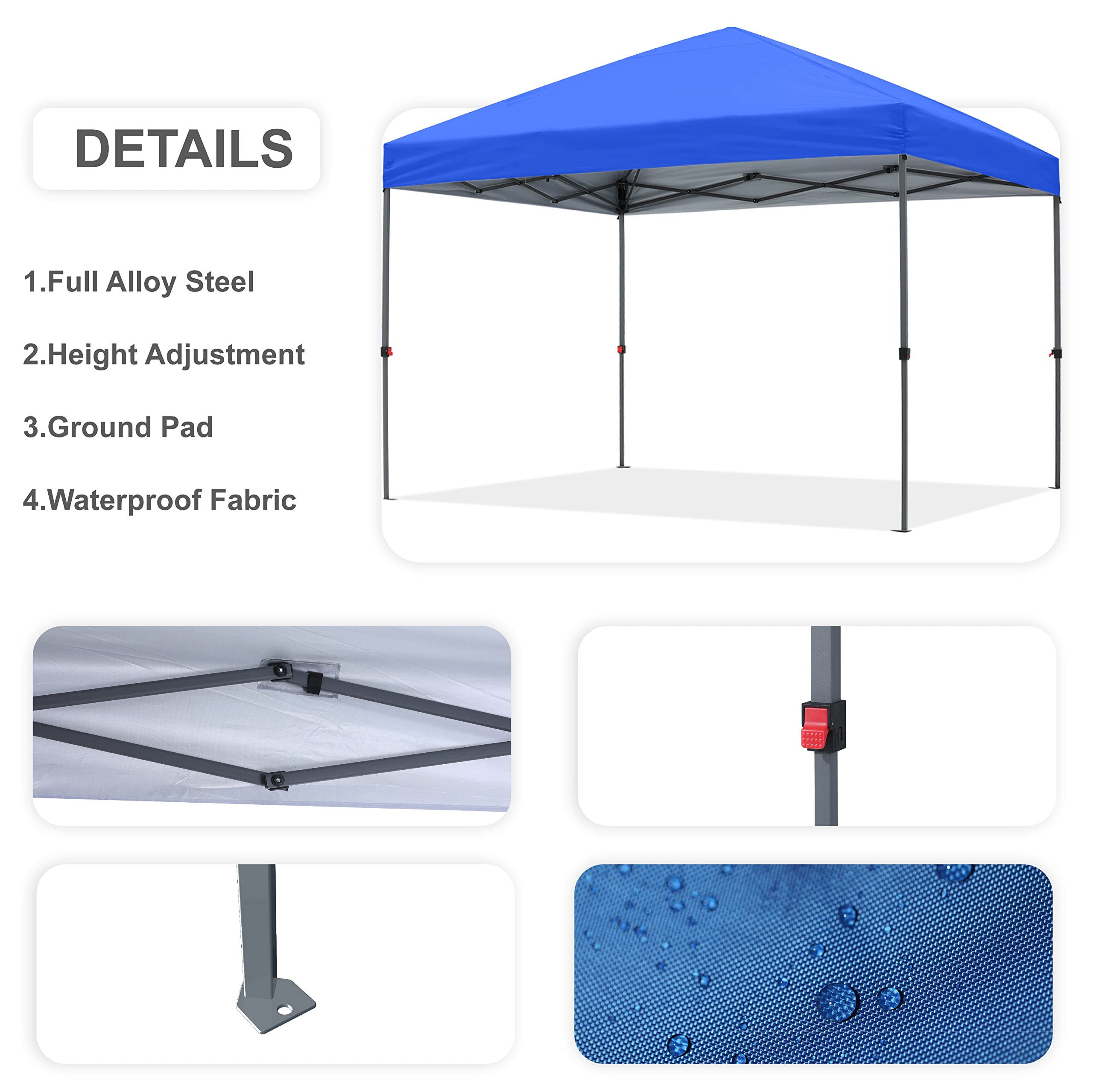 10x10 Pop Up Canopy Tent - Portable Beach & Backyard Shade with Wheeled Carry Bag, 4 Ropes, Stakes & Sandbags - Blue - Perfect for Outdoor Picnics, Camping & Beach Parties