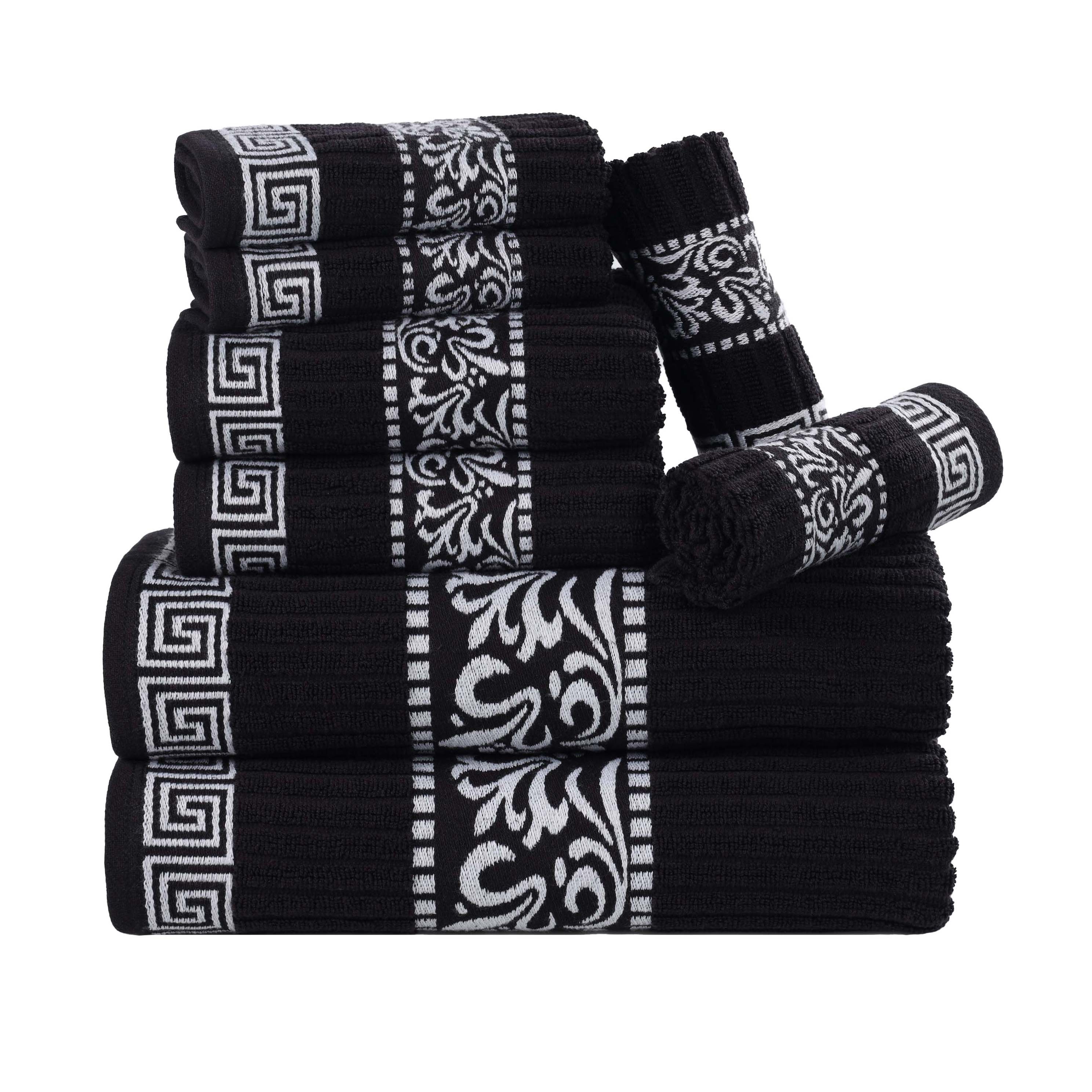Premium 8-Piece Cotton Towel Set with Greek Scroll & Floral Design - Soft Bath Towels, Hand Towels & Washcloths - Perfect for Bathroom, Spa & Luxury Home Decor