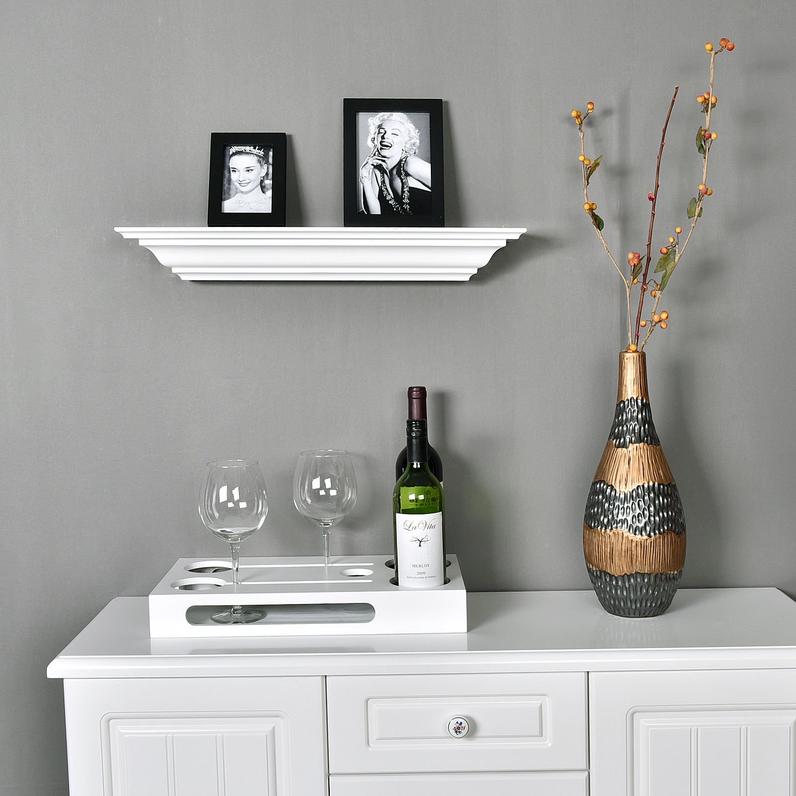 WELLAND 24 Inch White Floating Shelves - Solid Pine Wood Wall Mounted Shelves with Crown Molding, Perfect for Displaying Photos, Decor & Fireplace Mantel - Home Office & Living Room Decor