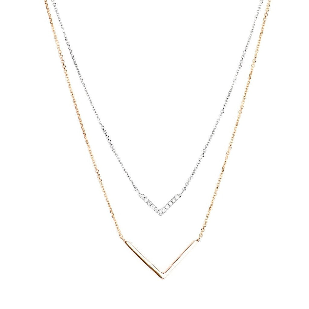 14k White Gold and Rose Gold Diamond Double Chevron Necklace - Elegant Two-Tone Jewelry for Women, Perfect for Weddings, Anniversaries & Special Occasions