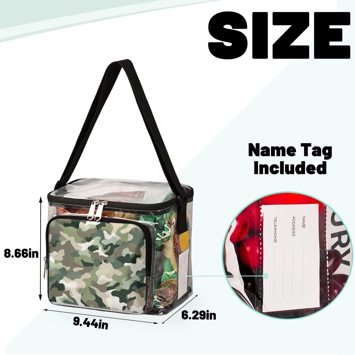 Military Camouflage Clear Tote Bag with Handles - Green Transparent Crossbody Shoulder Bag for Outdoor, Travel, Picnic, Concerts & Sports Events - Stadium Approved Lunch Bag for Camping, Hiking, Beach & Festivals