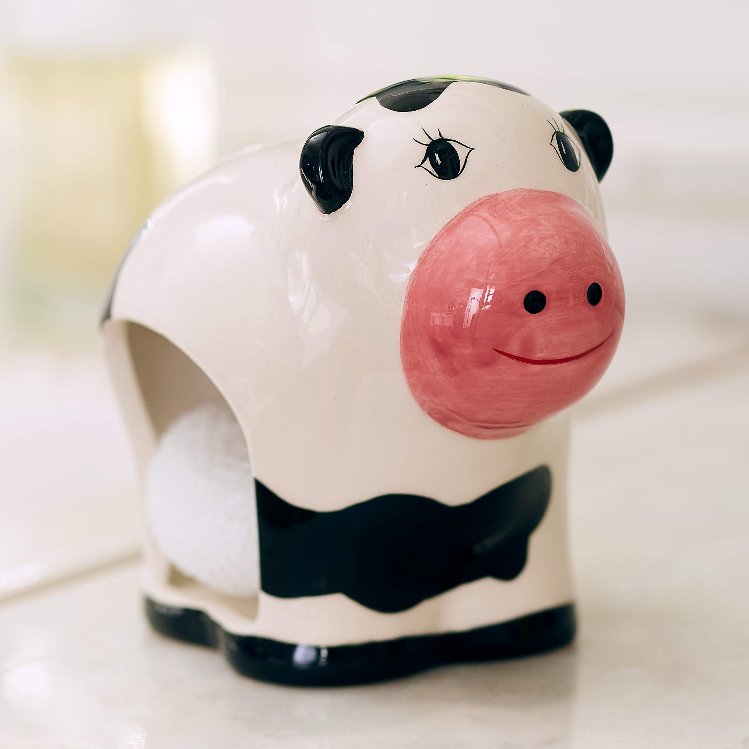Ceramic Cow Sponge Holder - Cute Kitchen Scrubby Organizer for Sink Countertop - Perfect for Farmhouse, Rustic, and Country Style Decor