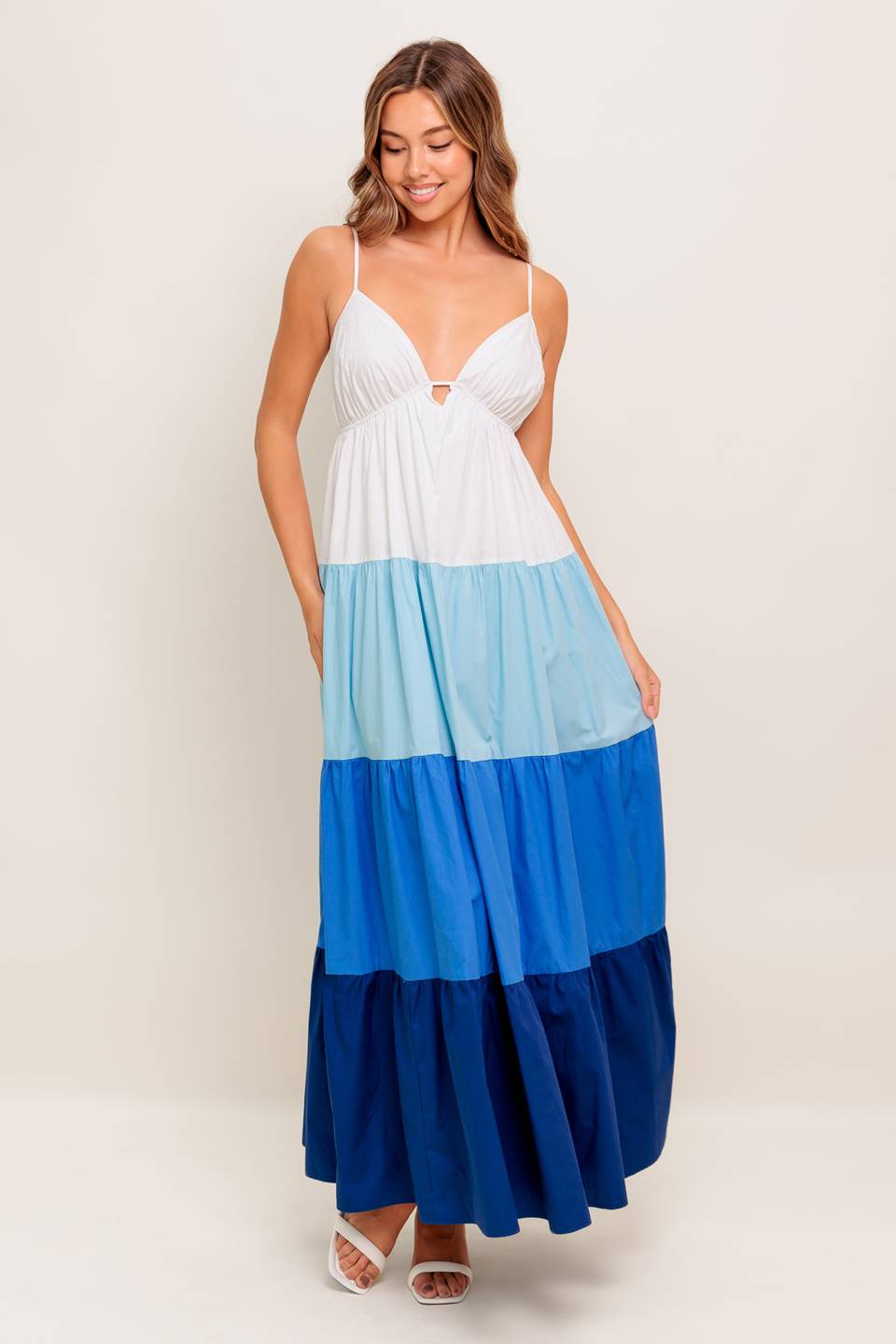 CRUISE MODE MIDI DRESS - Blue Color Block Flowy Summer Dress for Women | Perfect for Beach Vacations, Resort Wear & Casual Outings