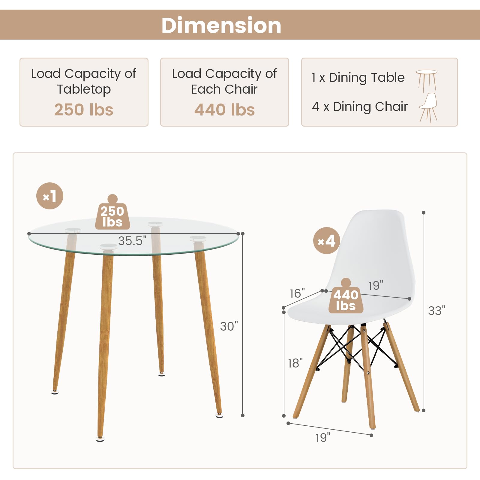 Tangkula 5-Piece Round Dining Table Set for 4 with Tempered Glass Top & Solid Wood Legs - Kitchen & Breakfast Nook Furniture Set for Small Spaces - Perfect for Apartments, Condos and Cozy Homes