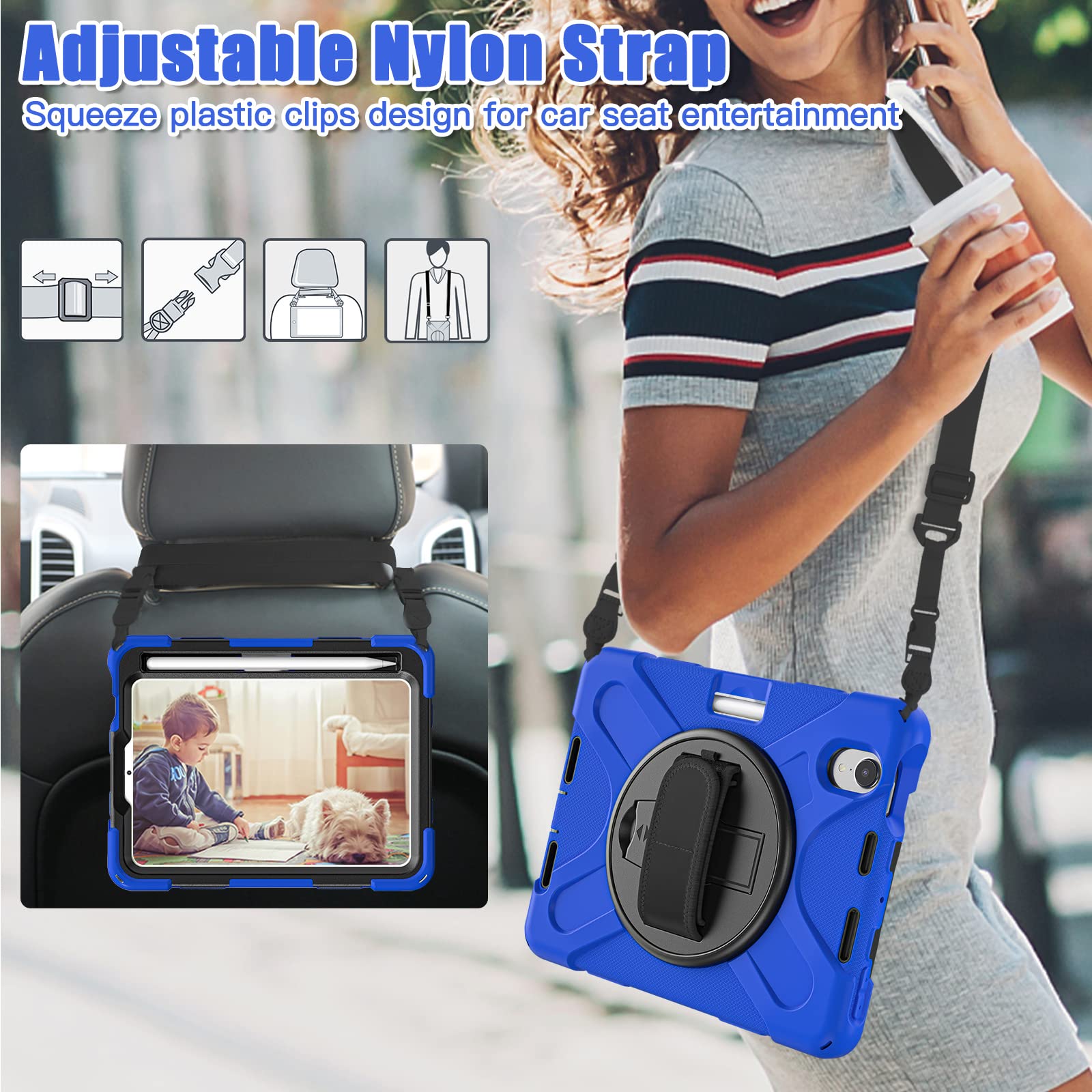 ZenRich iPad Mini 7 Case A17 Pro (2024) - Heavy Duty Shockproof Rugged Protective Cover for iPad Mini 7th/6th Generation with Pencil Holder, Kickstand, Hand Strap & Shoulder Belt - Perfect for Outdoor, Travel, Work & School (Blue)