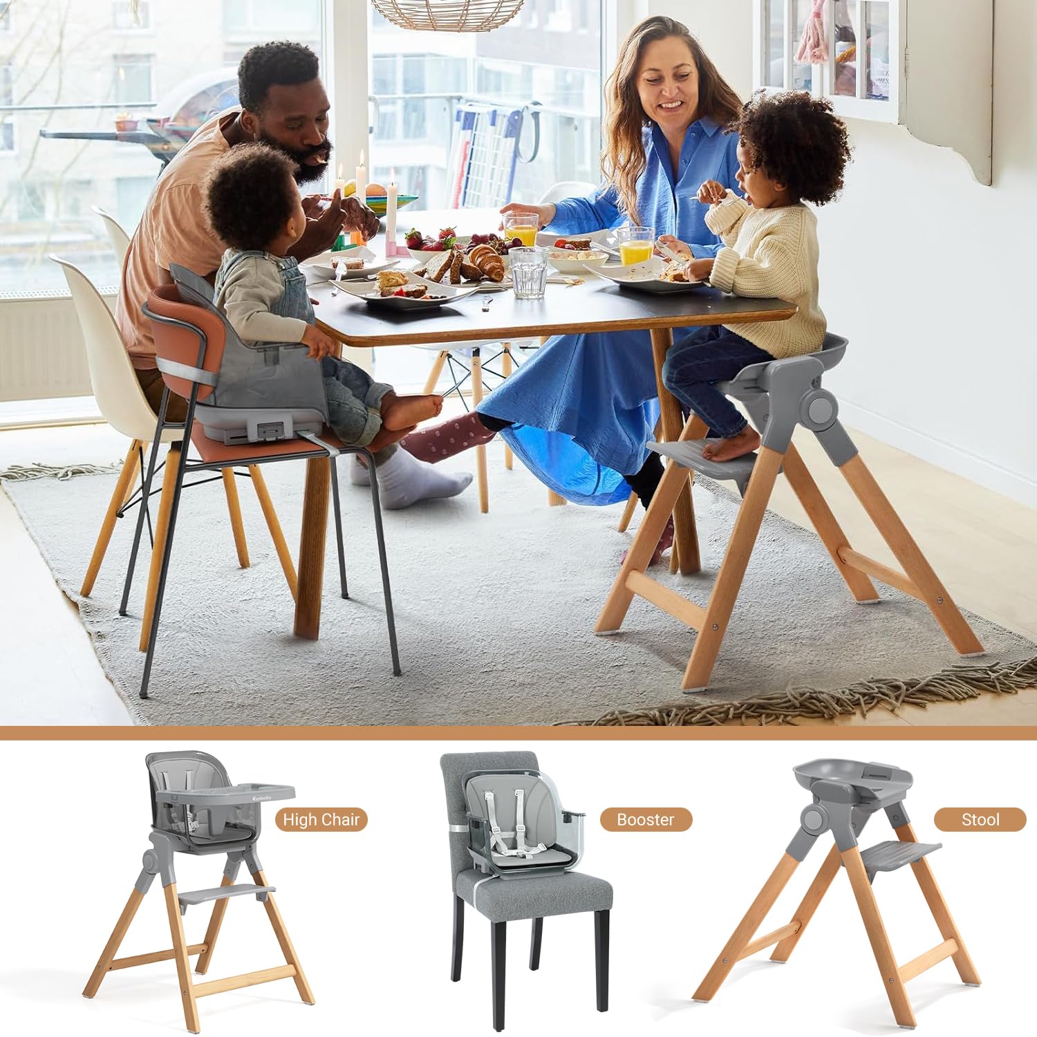 Ezebaby 3-in-1 Foldable Wooden High Chair - Convertible Baby Dining Booster Seat & Toddler Chair with Adjustable Tray | Easy Clean Baby High Chair for Home, Restaurant & Outdoor Use (Transparent Gray)
