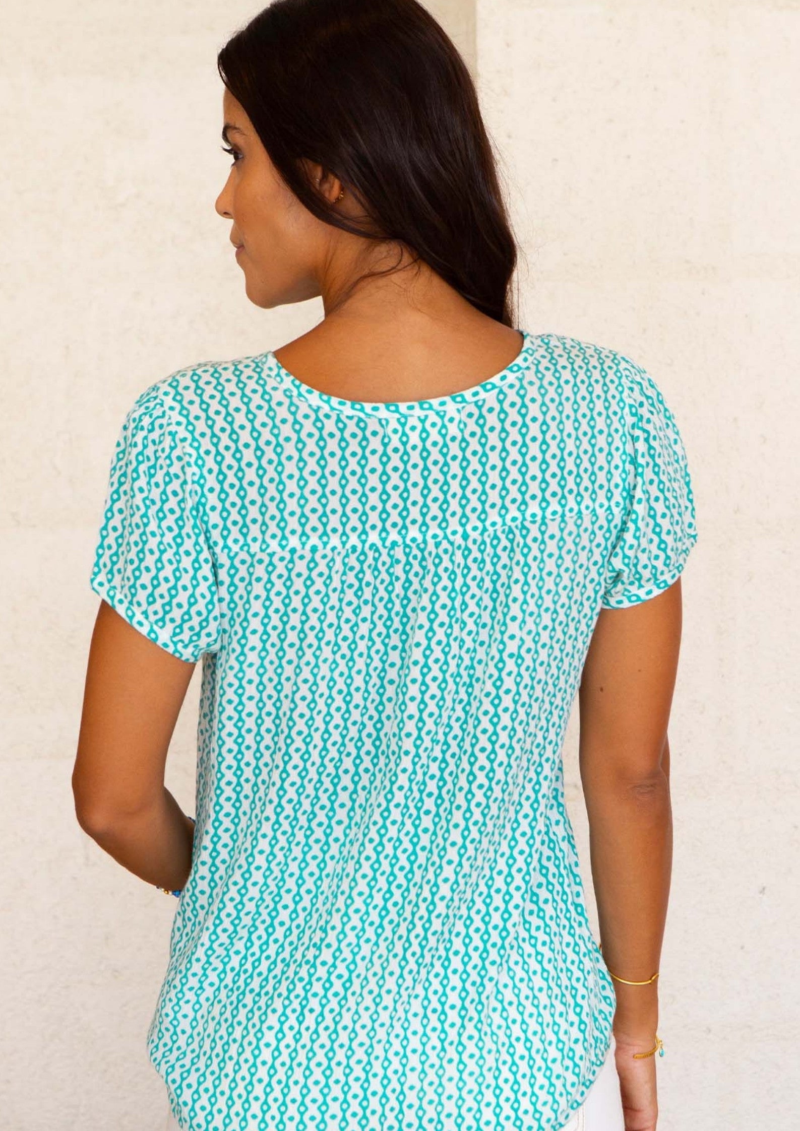 Lisbon Blouse with Santorini Border in Mint & White - Perfect for Summer Vacations, Beach Outings & Boho Chic Style