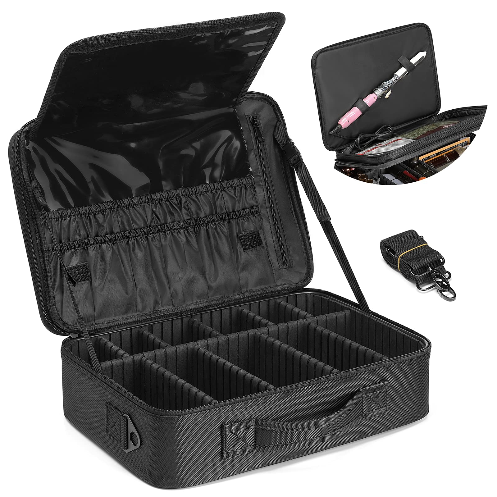 Vlando Large Makeup Bag Organizer for Women - Adjustable Dividers Travel Cosmetic Case for Brushes, Lipstick, Facial Masks - Black | Perfect for Travel, Home Storage & Salon Use