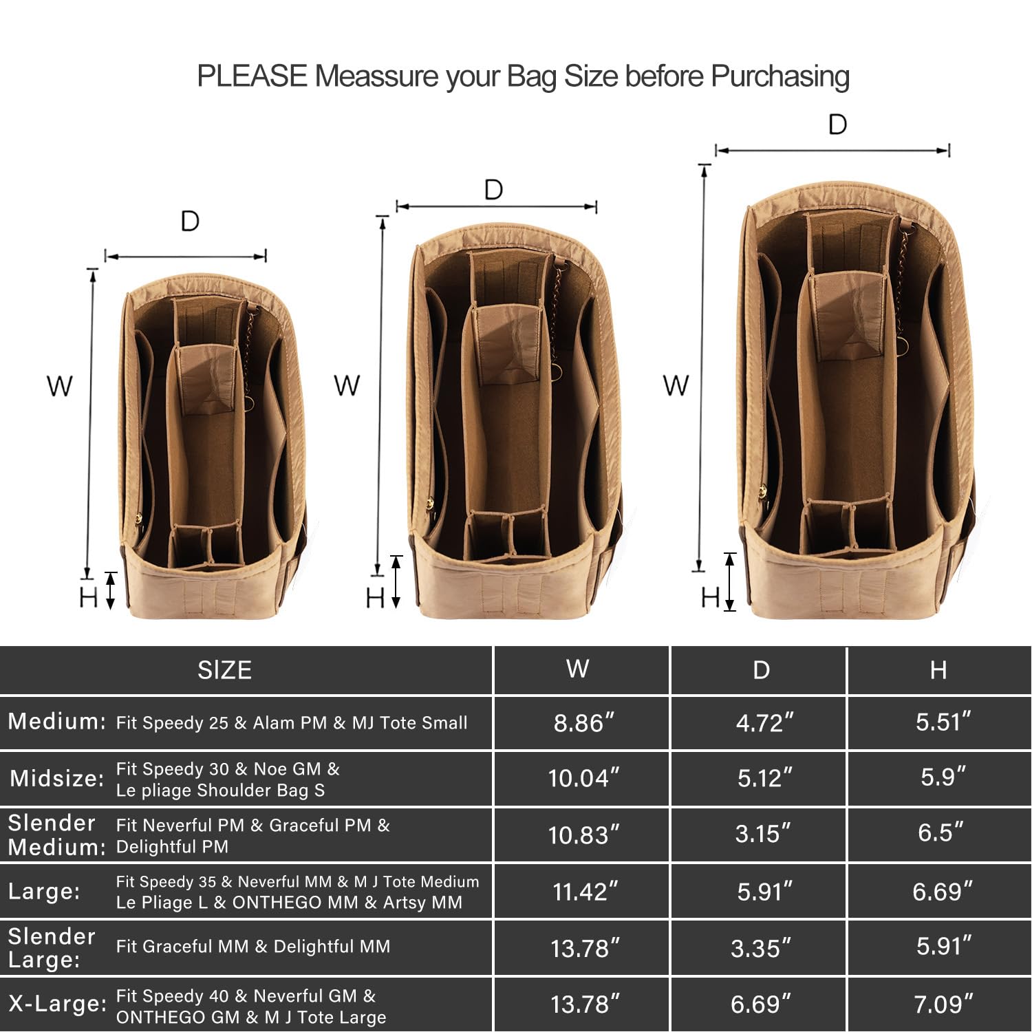 Premium Felt Purse Organizer Insert with Zipper & Sewn Bottom - 6 Sizes for Louis Vuitton Speedy, Neverfull, Graceful Handbags | Perfect for Travel, Work & Daily Organization