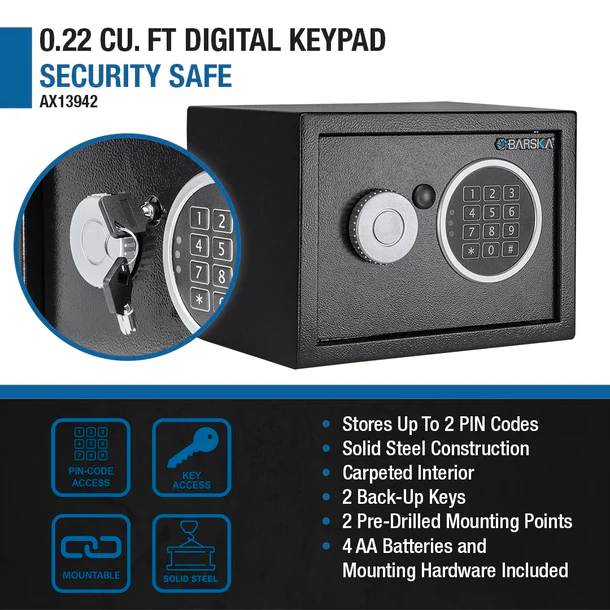 Barska AX13942 Digital Keypad Security Safe - Fireproof & Waterproof Home & Office Safe for Cash, Jewelry, Documents - Perfect for Bedroom, Closet, or Business Use