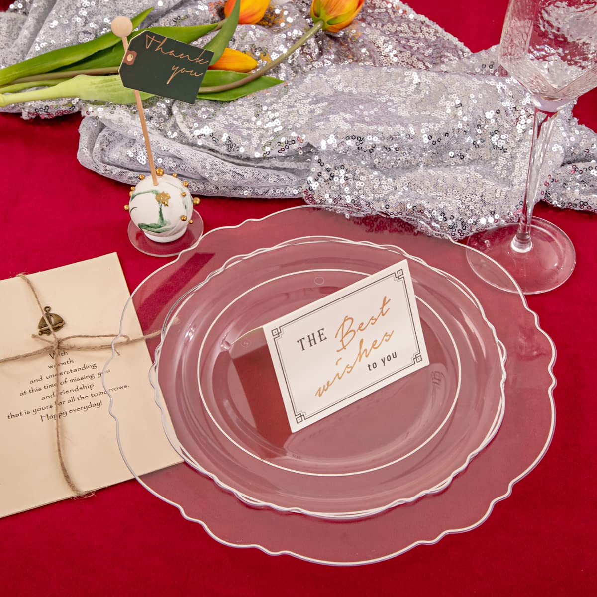 Ciaell 150PCS Clear Silver Plastic Plates & Disposable Cutlery Set with Glitter Bamboo Handle - Elegant Baroque Disposable Tableware for Weddings, Parties, and Events - Perfect for Birthday Celebrations, Bridal Showers, and Formal Dinners
