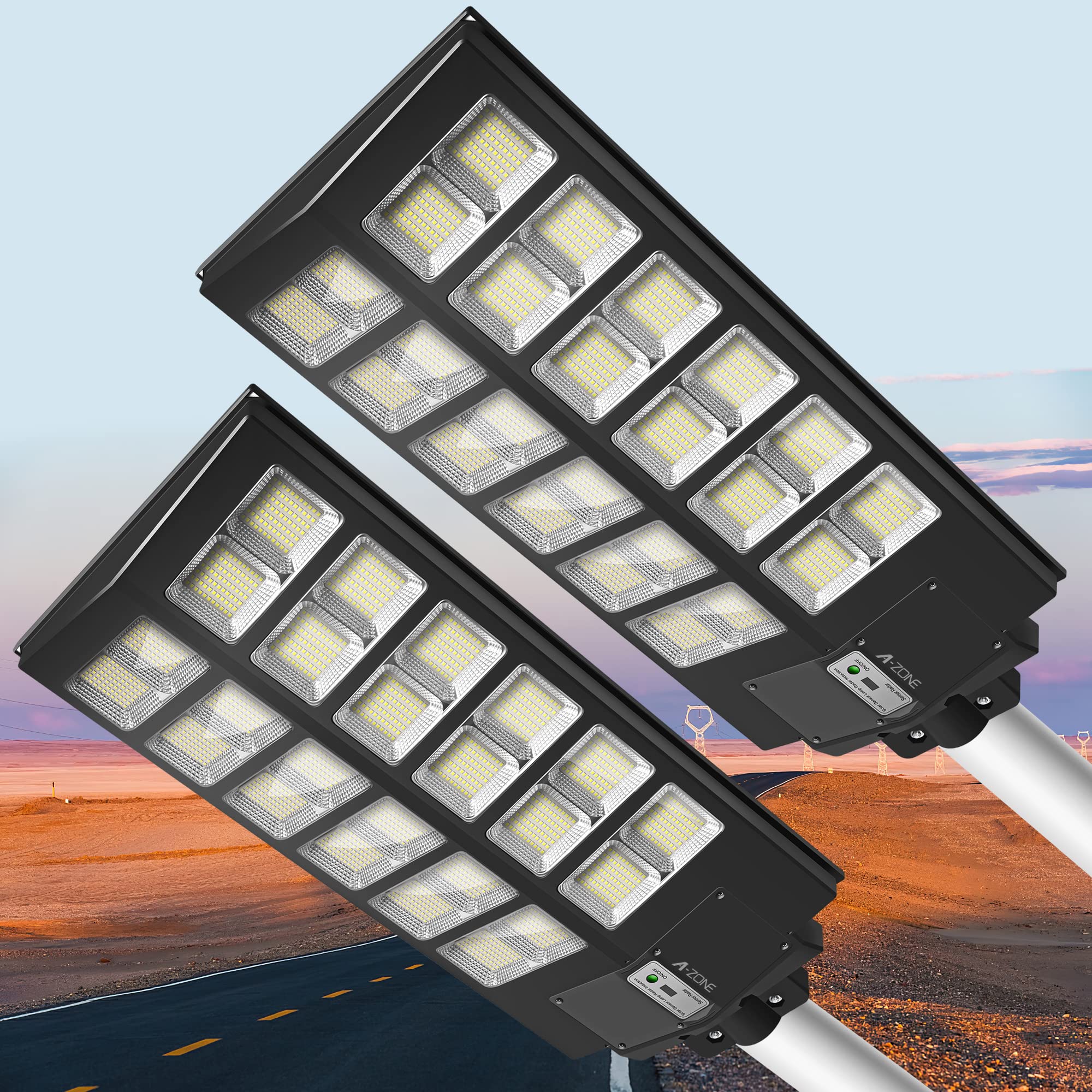 1500W Solar Street Light with Motion Sensor - 6500K Bright White Solar Powered Outdoor Lights - IP66 Waterproof - Dusk to Dawn Lighting - Perfect for Yard, Garden, Piazza, Driveway & Pathways (2 Pack) - Ideal for Home Security & Landscape Illumination
