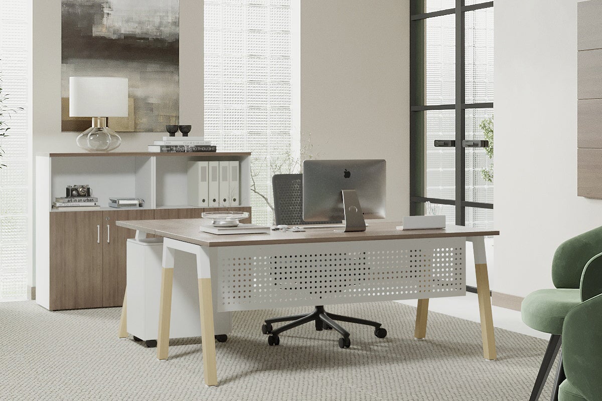 Quadro A Legs L-Shaped Corner Office Desk with Wood Legs & Cross Beam - 1400L x 1800W, Cable Management Scallop - Perfect for Home Office, Gaming Setup & Workspace Organization