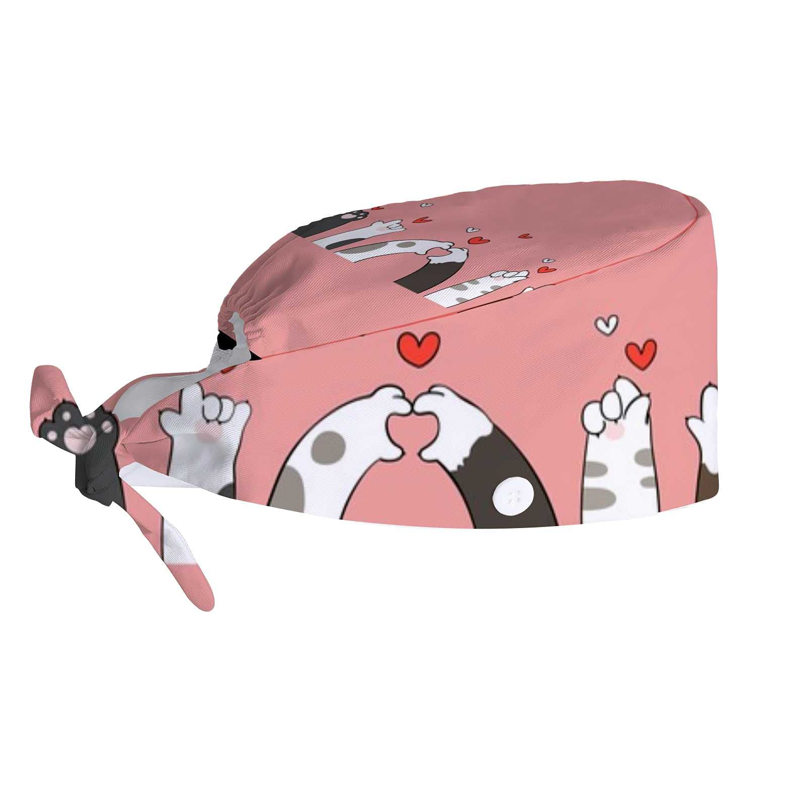 Adjustable Work Cap with Buttons & Sweatband - Cat Paws with Hearts Design - Unisex Tie Back Hat for Women & Men - Perfect for Long Hair, Construction, Gardening & Outdoor Activities