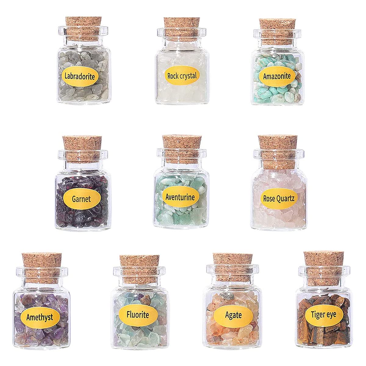 Mini Crystals Stone Chip Bottles - 10-Piece Set of Reiki Healing Stones, Tumbled Gemstones & Wicca Crystals for Home Decoration, Meditation & Spiritual Healing | Perfect for Altars, Gift Giving & Energy Work