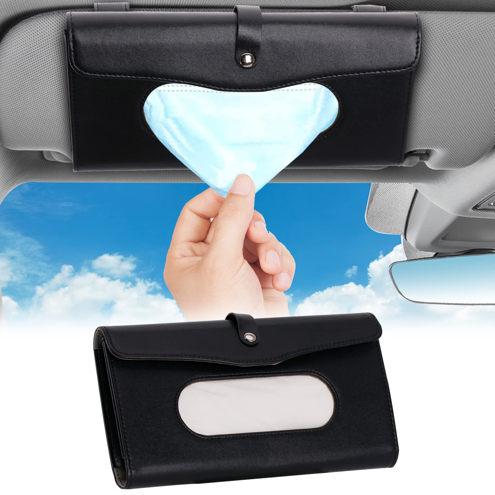 Premium Leather PU Car Tissue Box Holder & Mask Dispenser - TOOVREN Upgraded Car Accessory for Backseat & Sun Visor (Black) - Perfect for Women & Men - Keep Tissues & Masks Handy While Driving