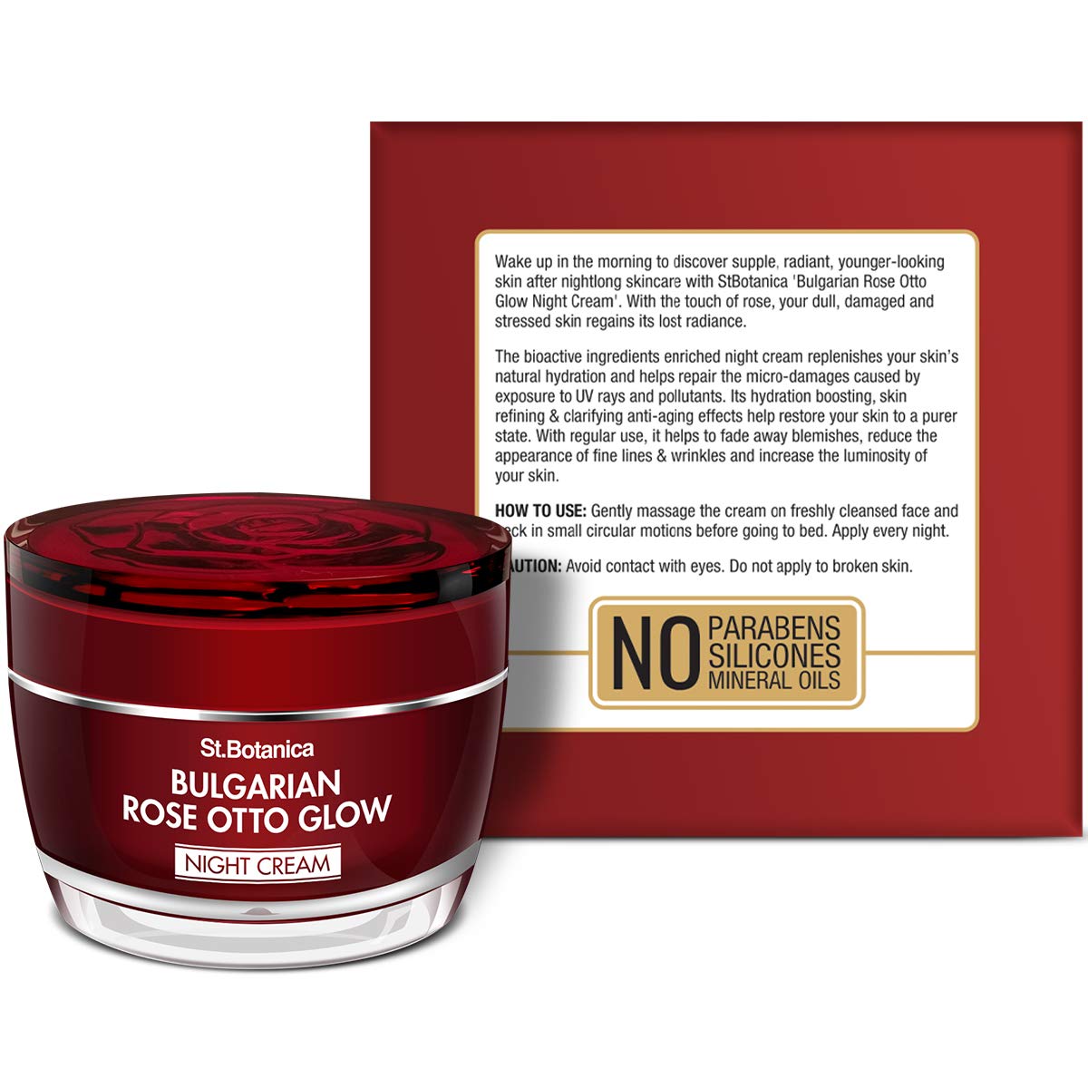 St.Botanica Bulgarian Rose Otto Glow Night Cream 50g - Hydrating Anti-Aging Face Moisturizer with Organic Rose Oil for Dry Skin | Paraben & Sulfate Free | Cruelty-Free Vegan Skincare | Perfect for Nighttime Routine & Reducing Fine Lines