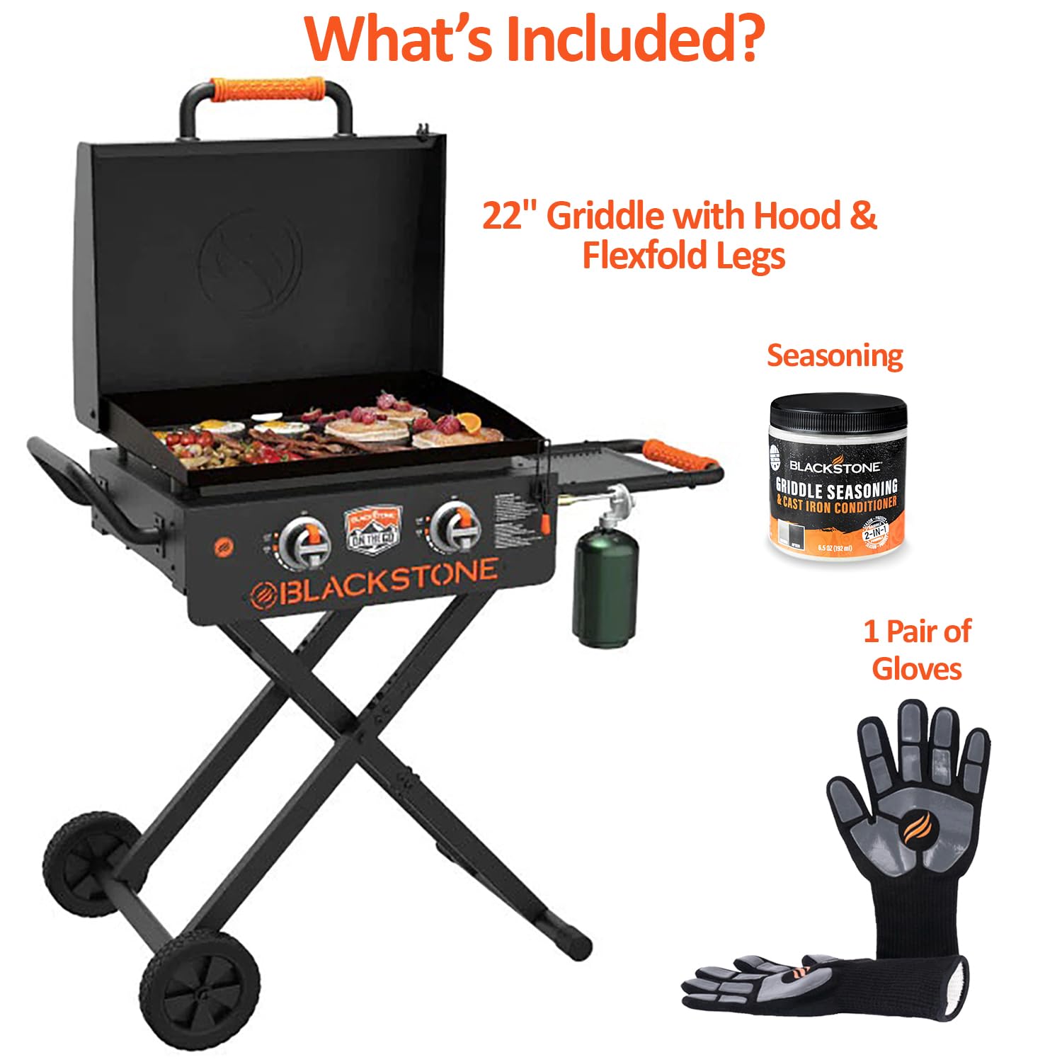 22 Inch Blackstone Griddle with Hood - Foldable Outdoor Flat Top Gas Grill with Stand, Seasoning & Gloves - Portable Propane Grill for Camping, Backyard BBQ & Tailgating