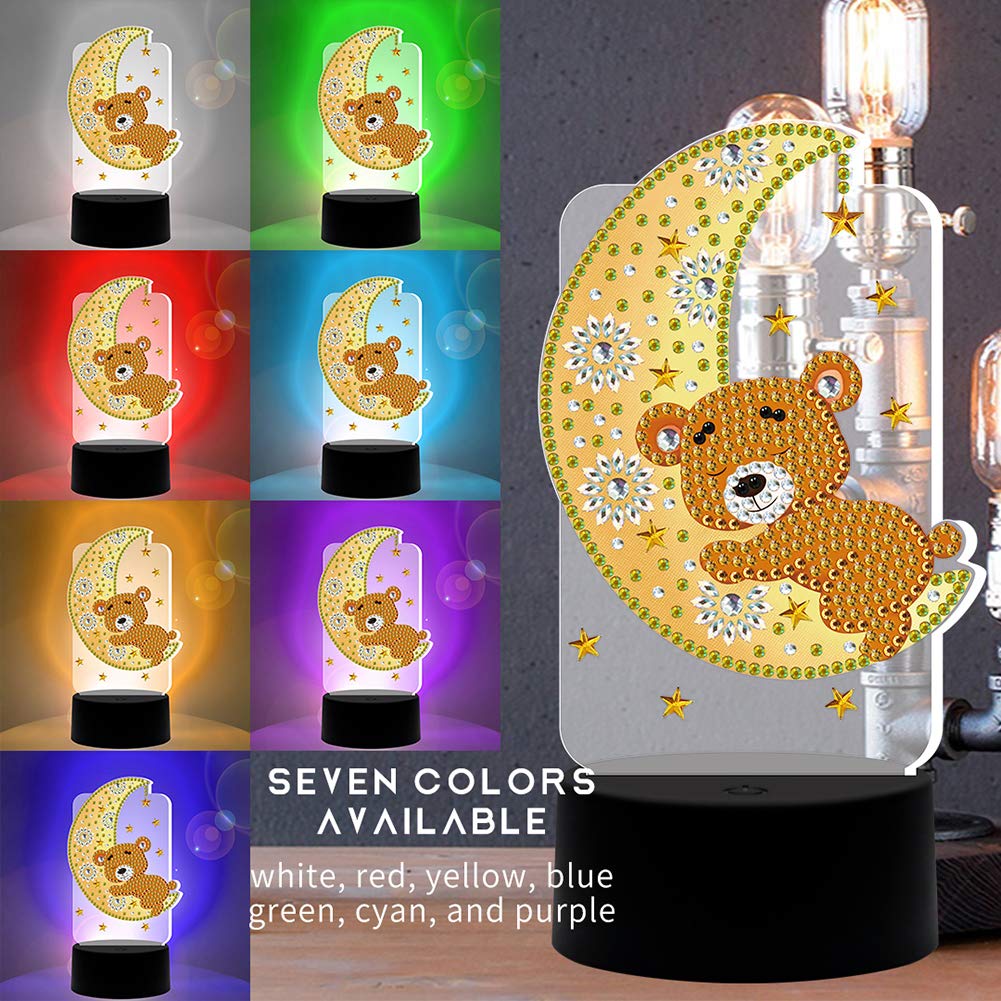 DIY Diamond Painting LED Light Moon Bear Embroidery Night Lamp - Home Decor Gift for Kids & Adults - Perfect for Bedroom, Nursery, Living Room Night Light & Wall Art Decoration