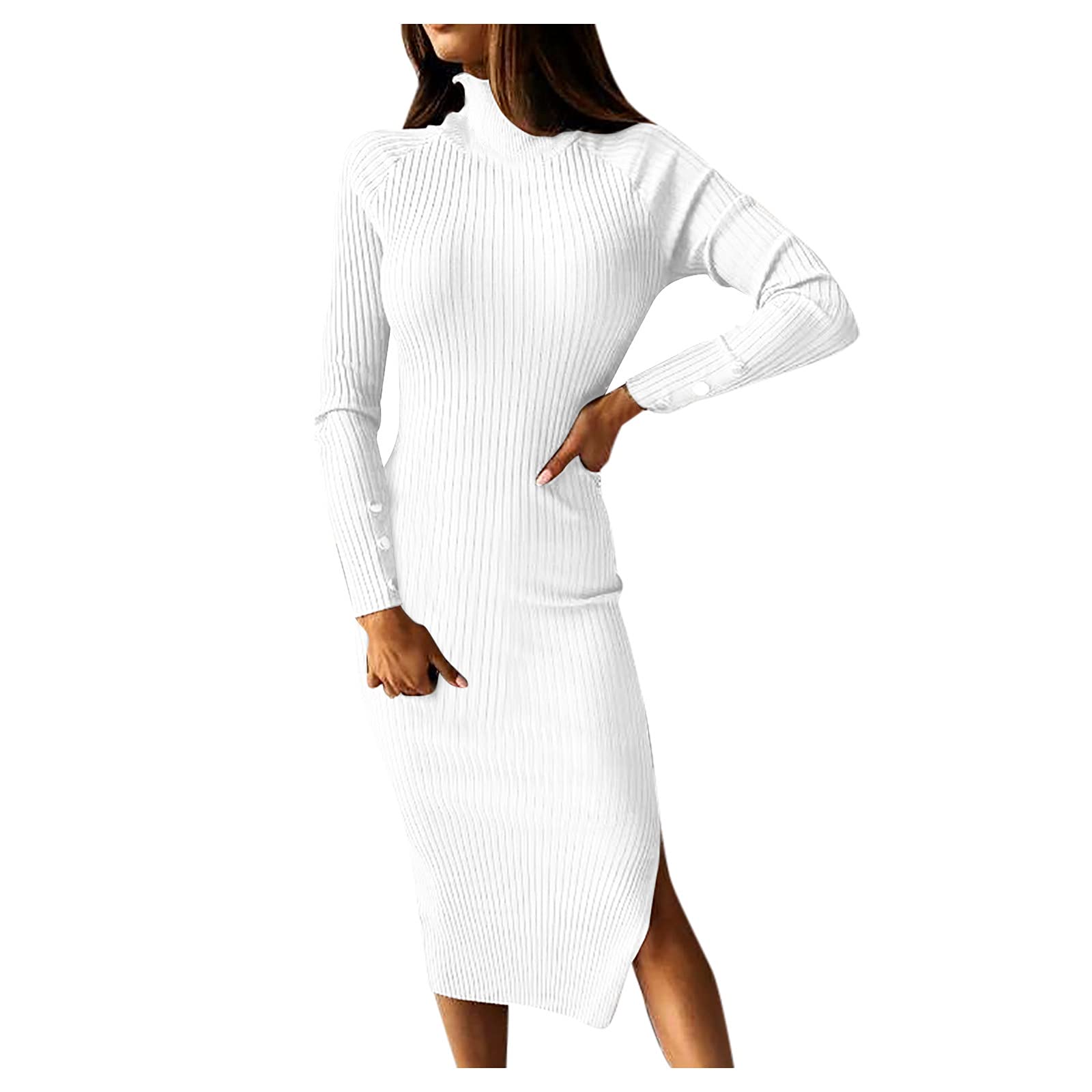 Elegant Long Sleeve Bodycon Dresses for Women - Slim Fit High Neck Side Split Backless Solid Color Sexy Evening Dress for Party, Club, Date Night & Special Occasions