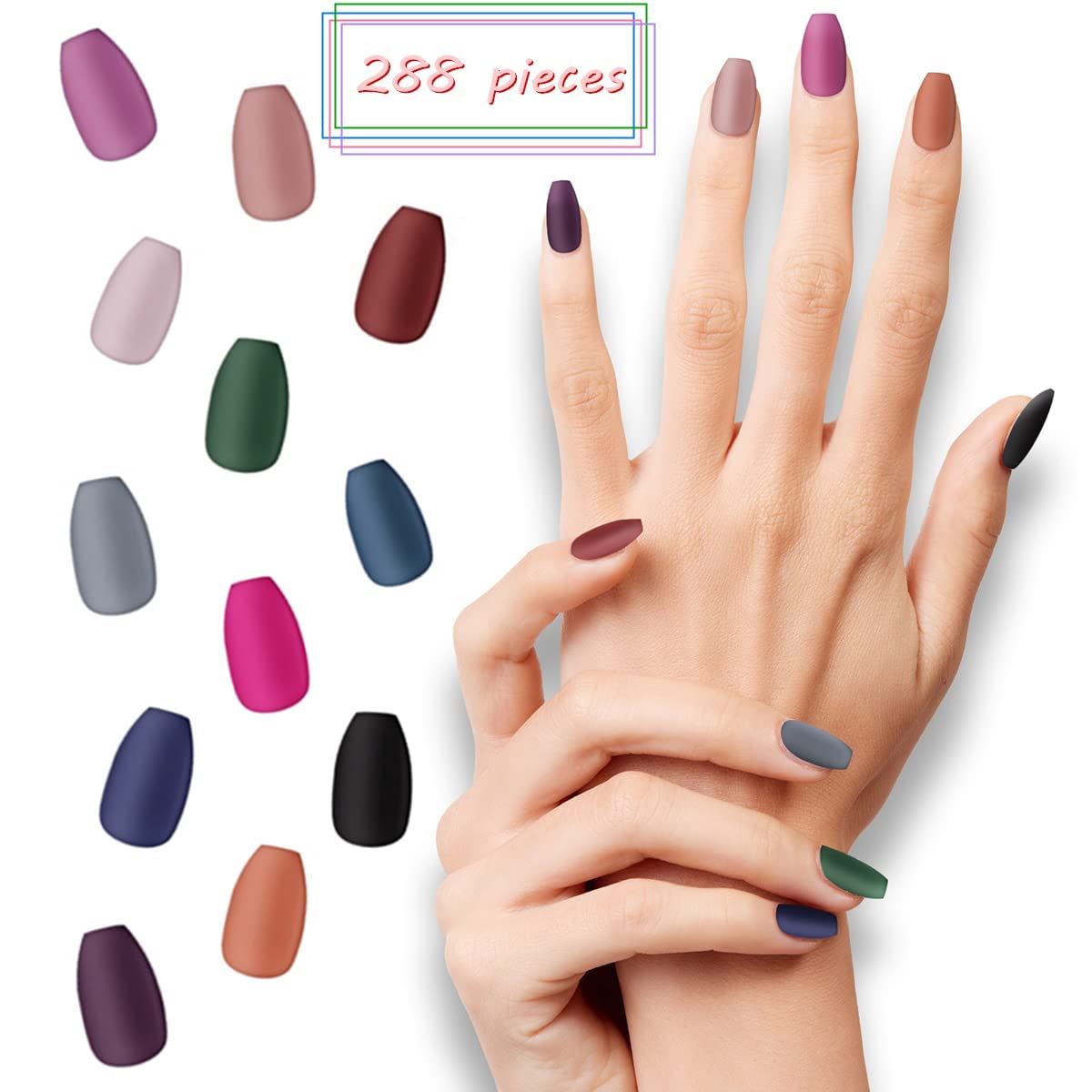 288pcs Matte Acrylic Ballerina Coffin False Nails - 12 Full Cover Sets with Crystal Nail File - Natural Medium Length Press On Nails for Women - Perfect for Parties, Weddings & Daily Wear