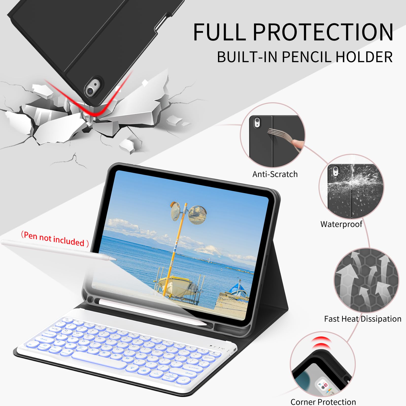 JKSML Bluetooth Backlit Keyboard Case for 11-inch iPad Pro (A16, 11th Gen 2025) & 10.9-inch iPad 10th Gen 2022 - 7 Color Backlight, Round Keys, Pencil Holder & Soft Silicone Cover (Black) | Perfect for Work, Study & Creative Projects