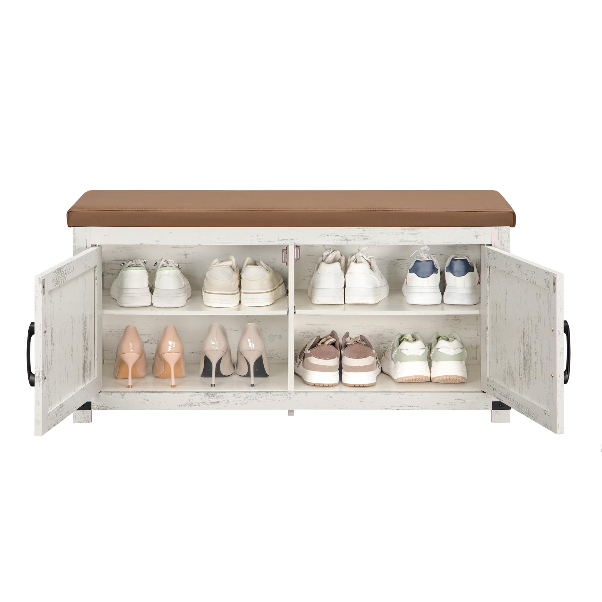 Farmhouse Shoe Storage Bench with Padded Seat - 2-Tier Entryway Organizer with Adjustable Shelf & Barn Doors - Antique White Shoe Cabinet for Living Room, Bedroom, Hallway - Perfect for Small Space Organization & Mudroom Decor