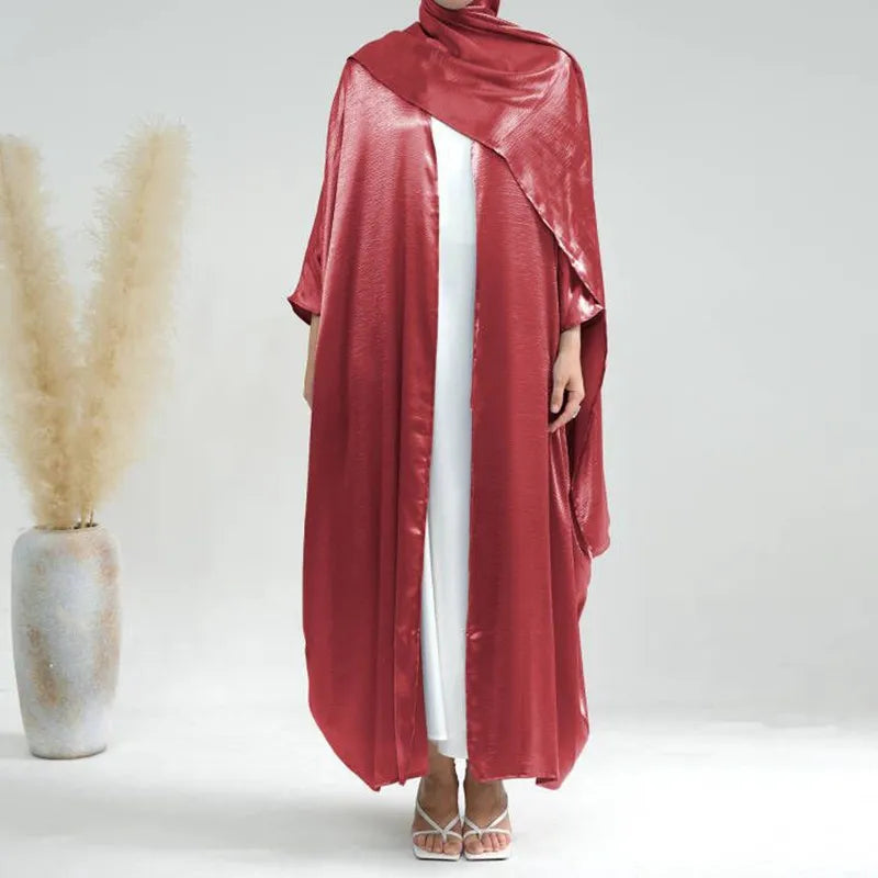 Elegant Batwing Sleeve Cardigan Open Front Abaya Dress with Matching Hijab Scarf - Perfect for Modest Fashion, Prayer Wear & Special Occasions
