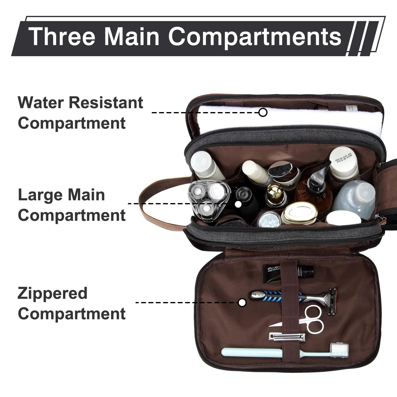 Kasgo Water-Resistant Toiletry Bag for Travel & Gym - 3 Compartments